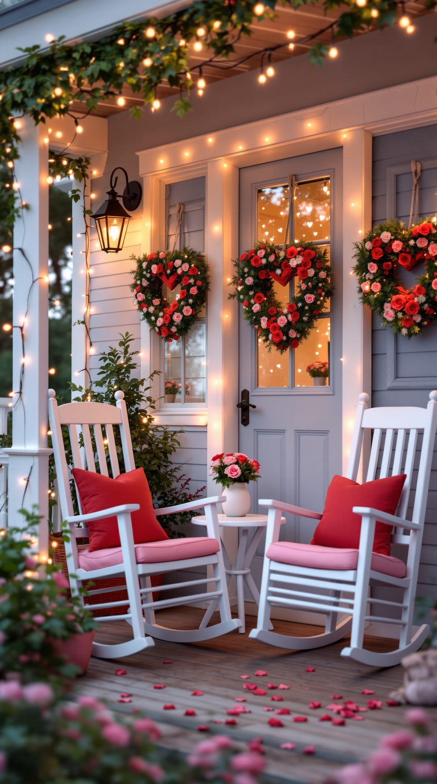 A cozy cottage porch decorated for Valentine's Day with heart-shaped wreaths, pink cushions, and string lights.