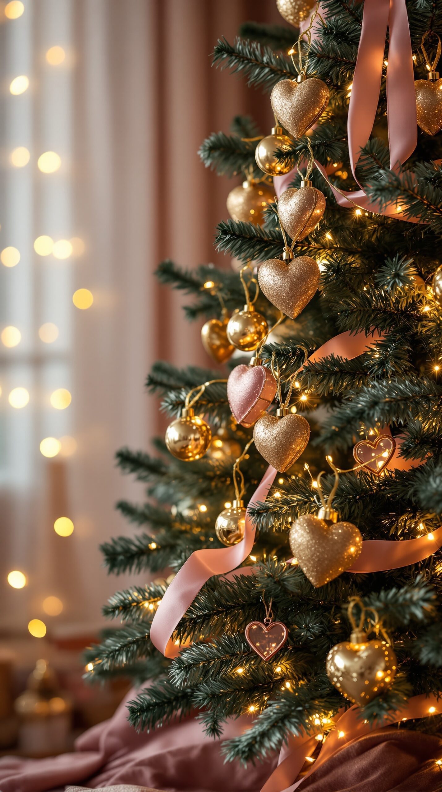 A beautifully decorated Valentine's Day tree with gold heart ornaments and soft lights.