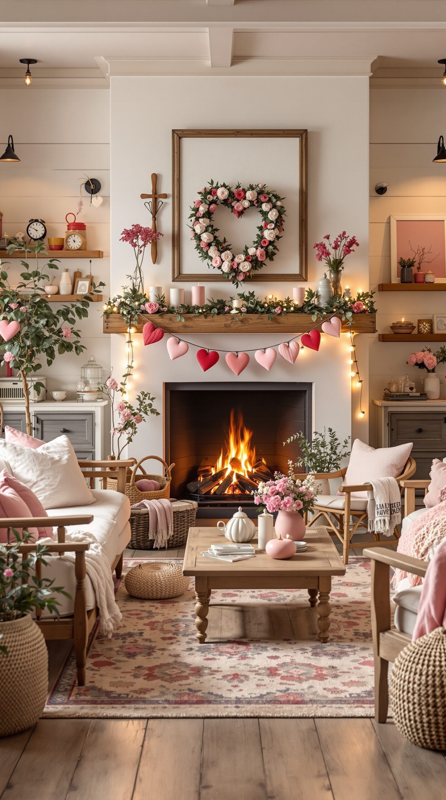 A cozy farmhouse living room decorated for Valentine's Day with heart-shaped wreath, garland, and floral arrangements.
