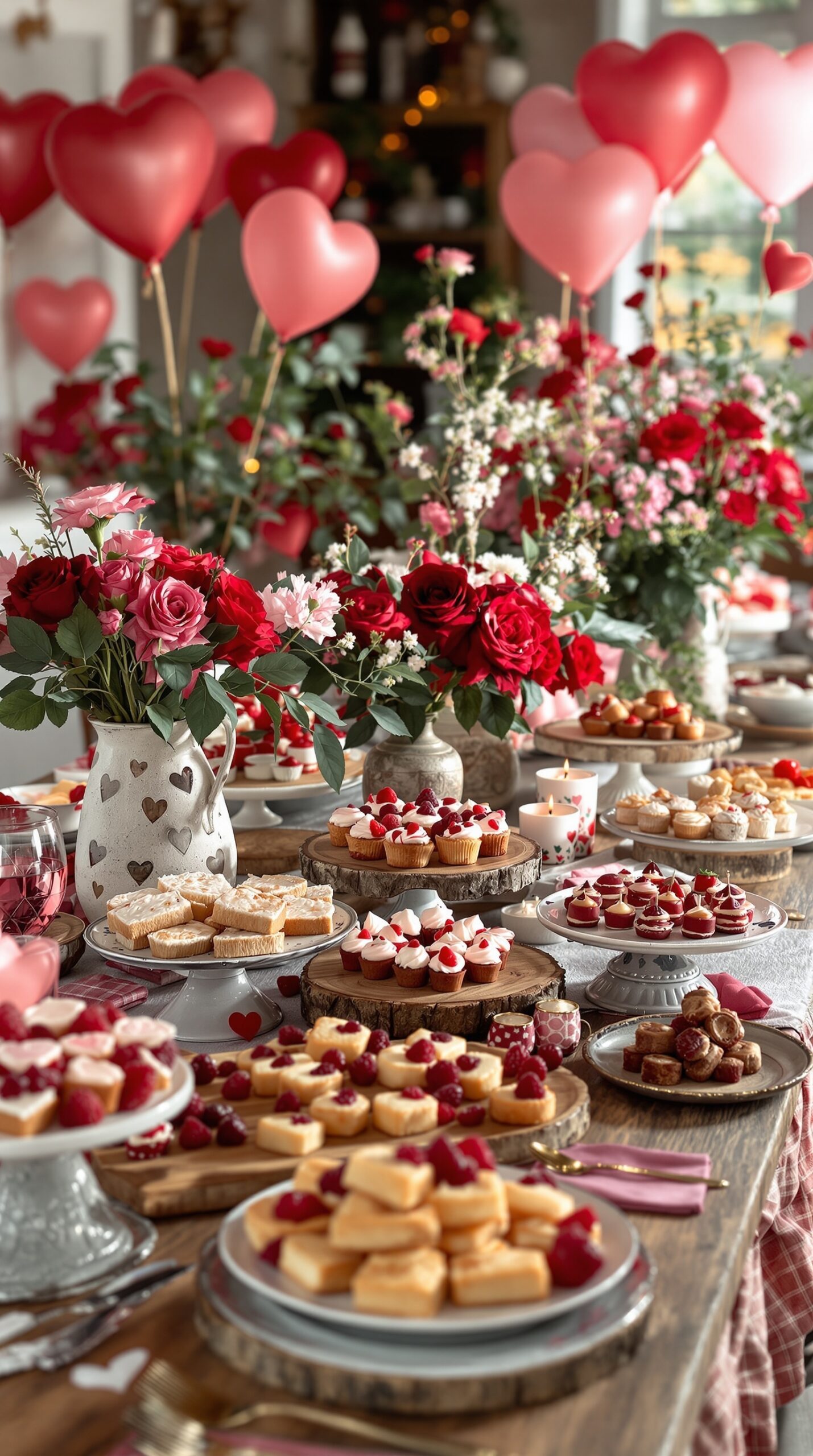 A beautifully decorated buffet table for Valentine's Day featuring desserts, flowers, and heart-shaped balloons.