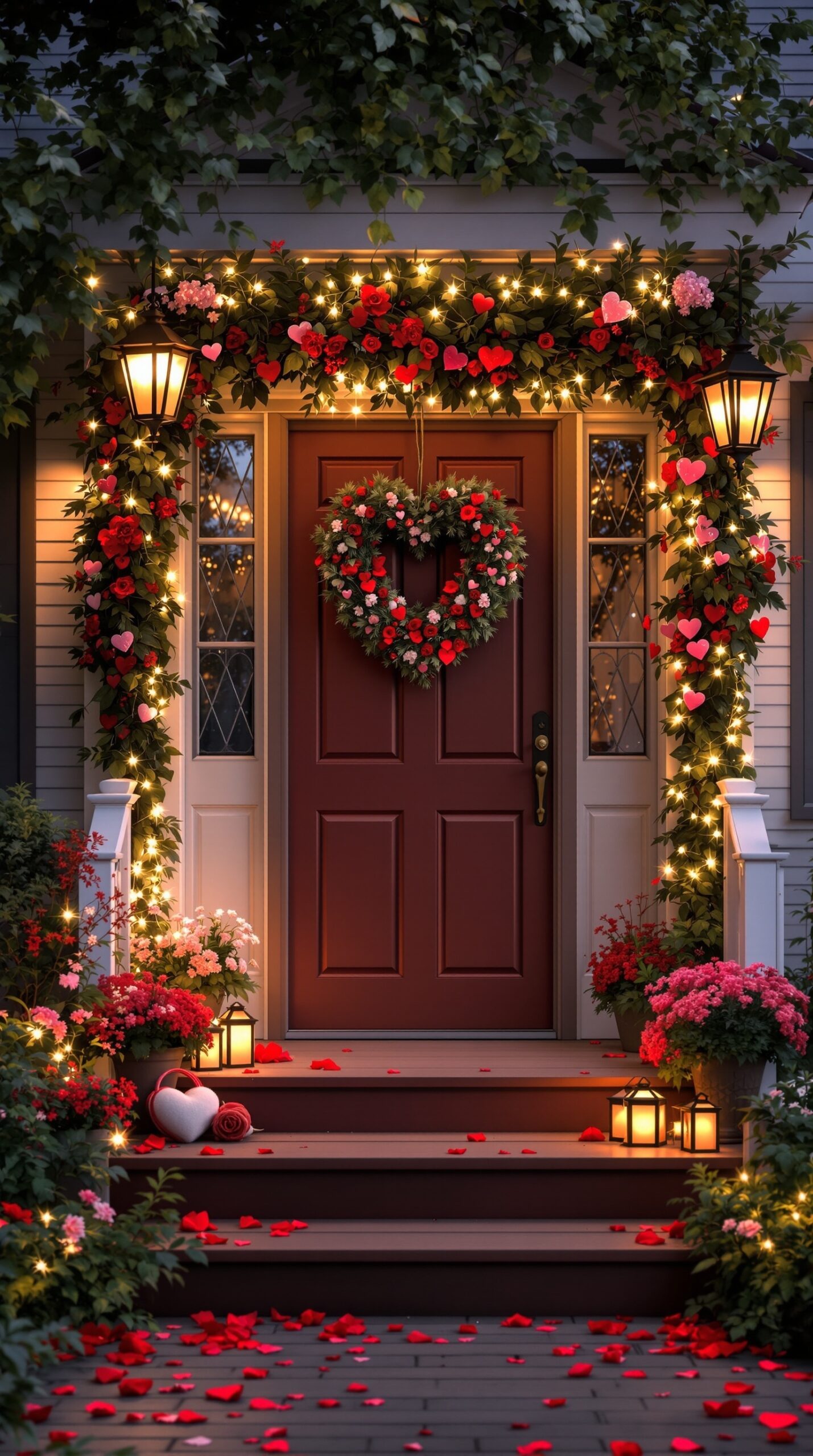 A beautifully decorated porch for Valentine's Day featuring greenery, flowers, and heart decorations.