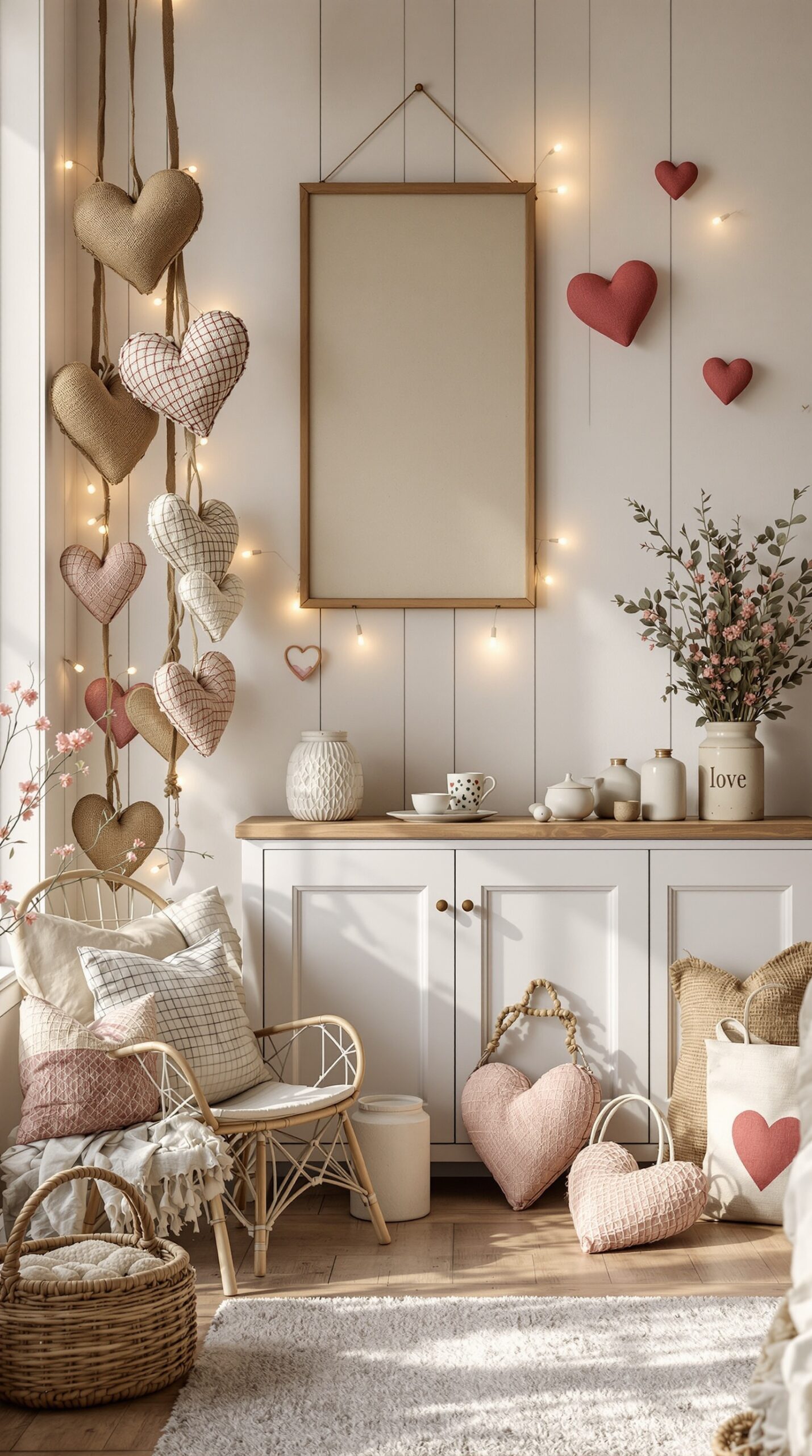 Cozy room decorated with burlap heart pillows and soft pastel decorations for Valentine's Day