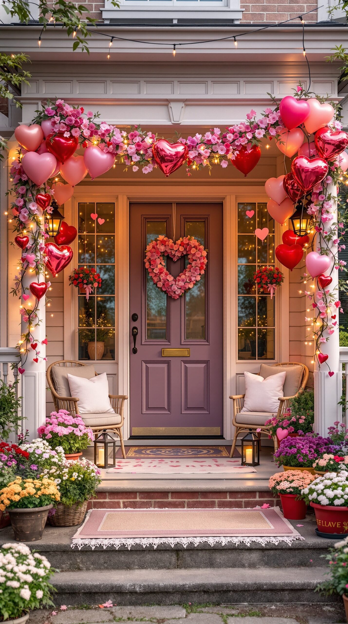 A beautifully decorated porch for Valentine's Day with heart balloons, flowers, and warm lighting.