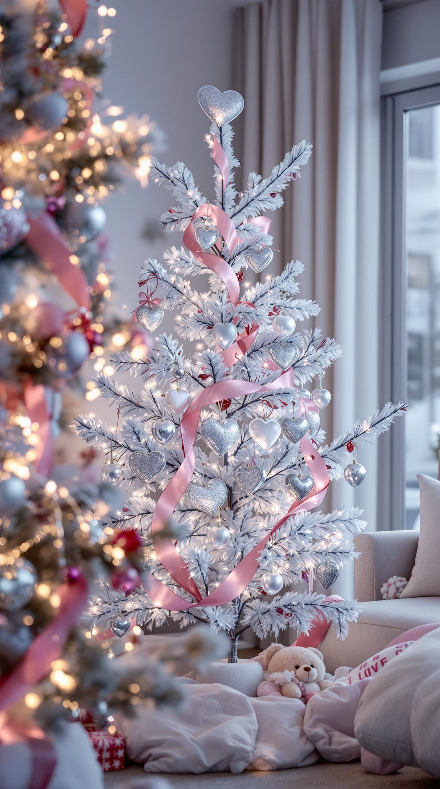 A beautifully decorated Valentine's Day tree with silver heart ornaments and pink ribbons.