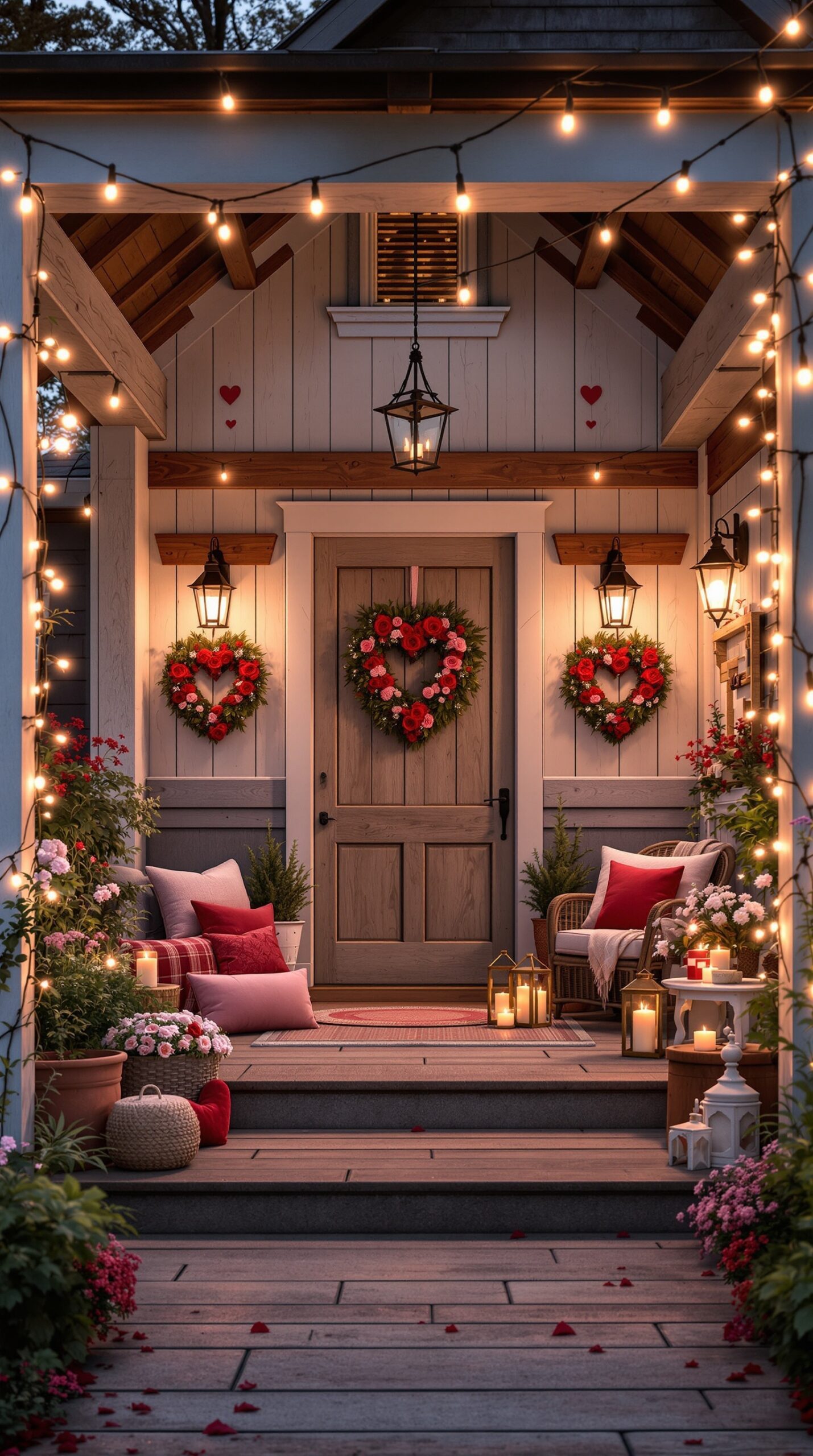A beautifully decorated farmhouse porch for Valentine's Day with heart-shaped wreaths, string lights, and cozy seating.