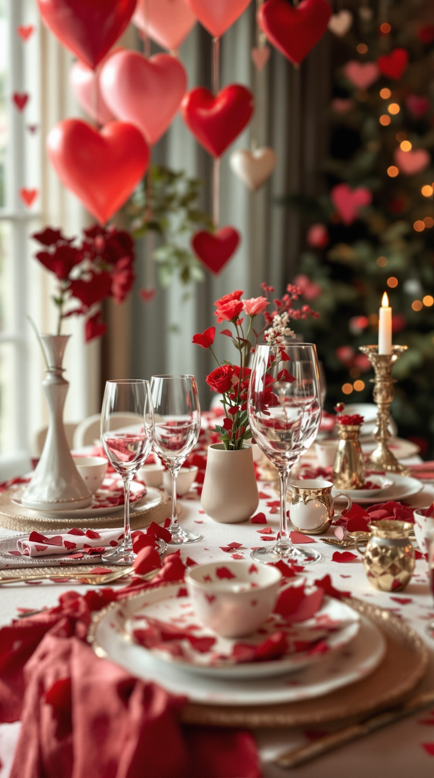 A romantic Valentine's Day table setting with heart decorations, flowers, and elegant tableware.