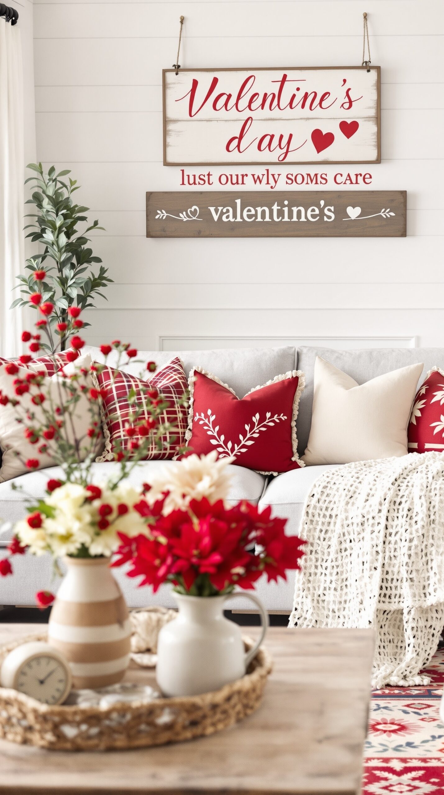 A cozy living room decorated for Valentine's Day with red and cream accents, featuring decorative pillows, floral arrangements, and charming signs.