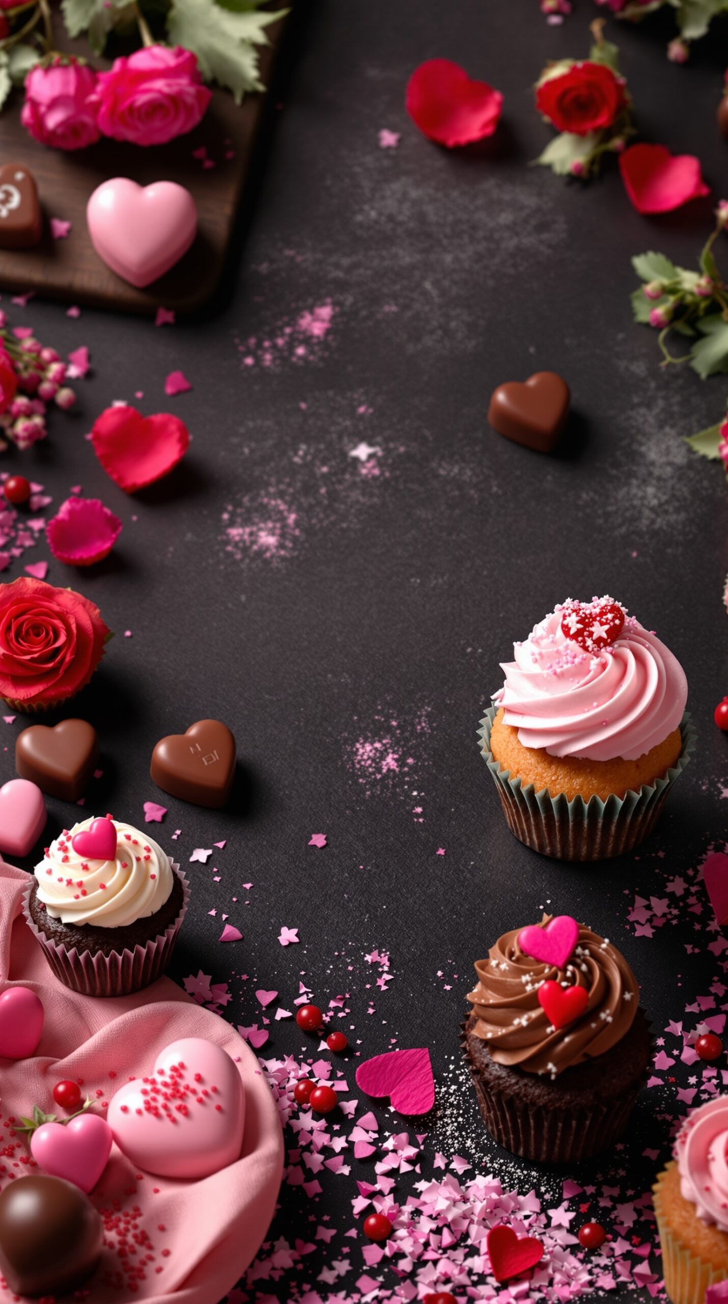 A colorful display of Valentine's Day treats including cupcakes, chocolates, and rose petals on a dark surface.
