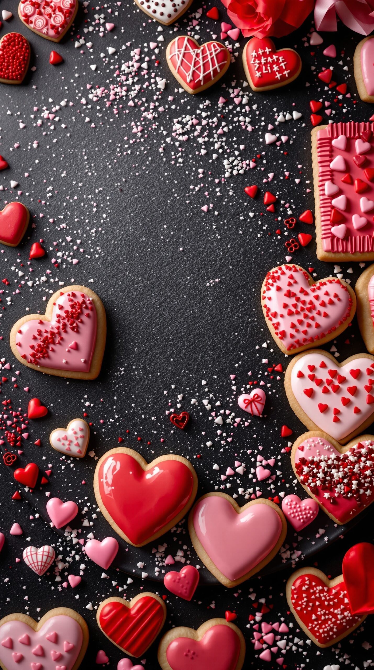 An assortment of heart-shaped cookies decorated with pink and red icing and sprinkles, perfect for Valentine's Day.