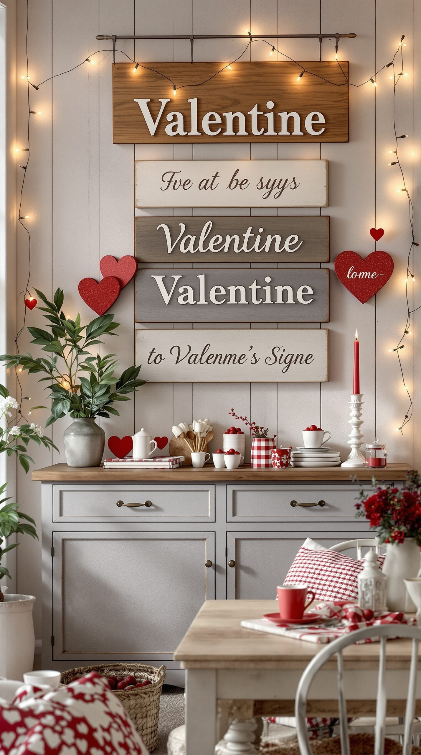 A cozy farmhouse interior decorated for Valentine's Day with wooden signs and heart accents.