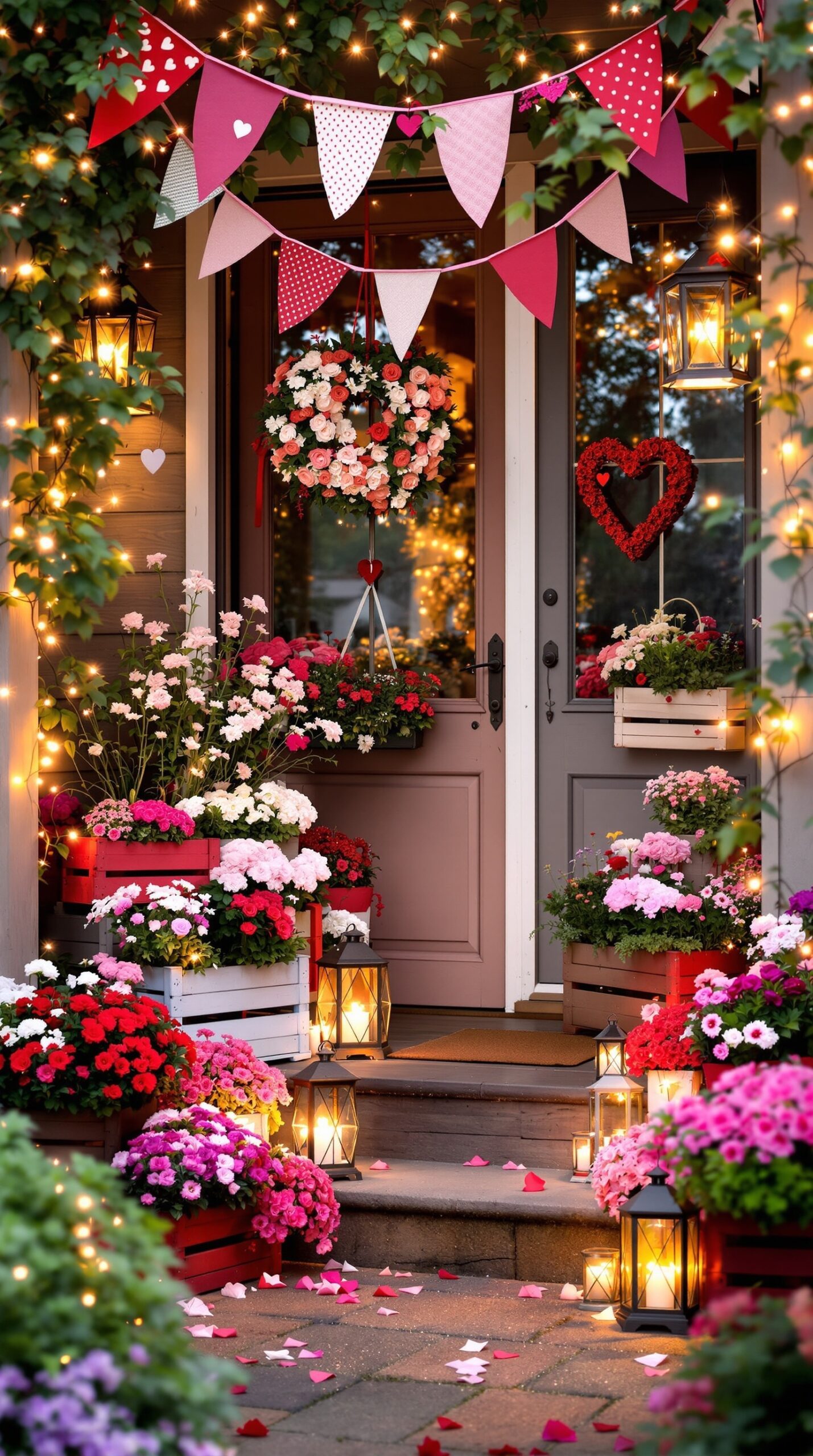 A beautifully decorated porch for Valentine's Day with flowers, lights, and heart-themed decor.