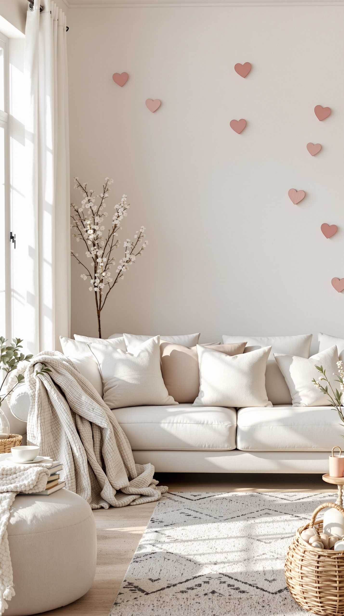 Cozy living room with neutral colors and pink heart decorations for Valentine's Day