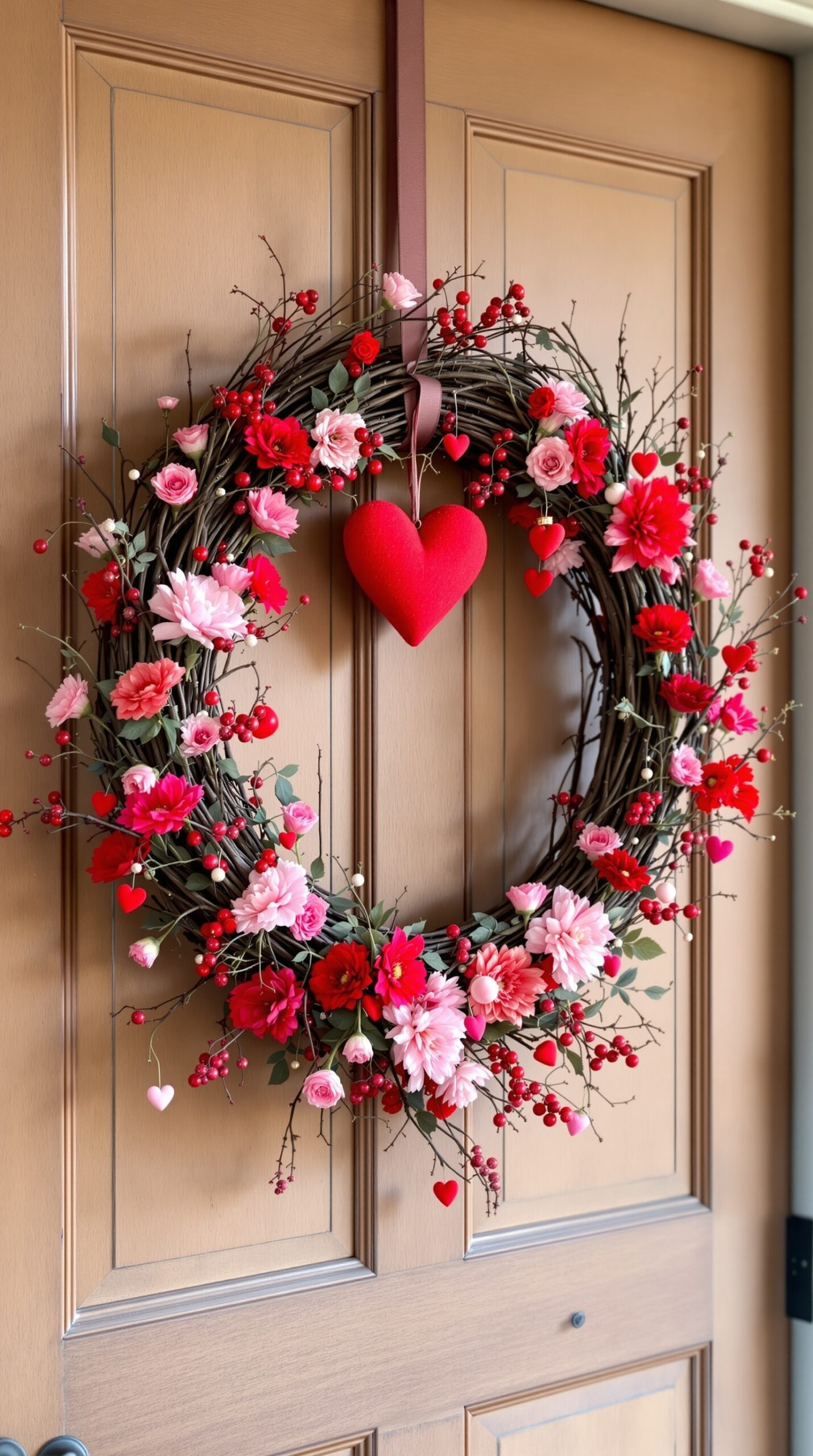 A decorative wreath with red and pink flowers and heart accents, hanging on a wooden door.