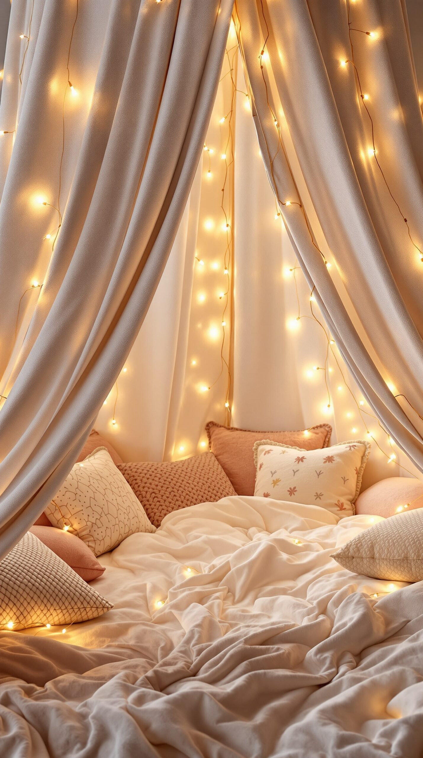 A cozy blanket fort with soft fabrics and twinkling lights, perfect for Valentine's Day.