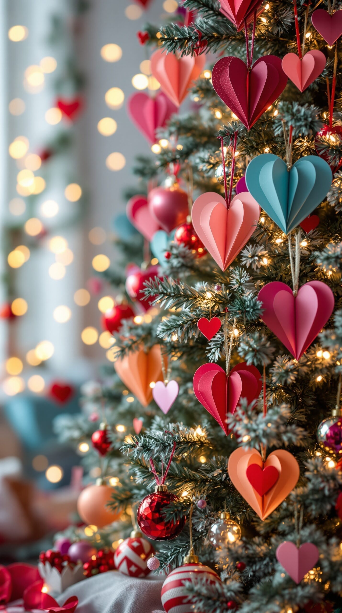 A beautifully decorated Valentine's Day tree with colorful paper heart ornaments and twinkling lights.