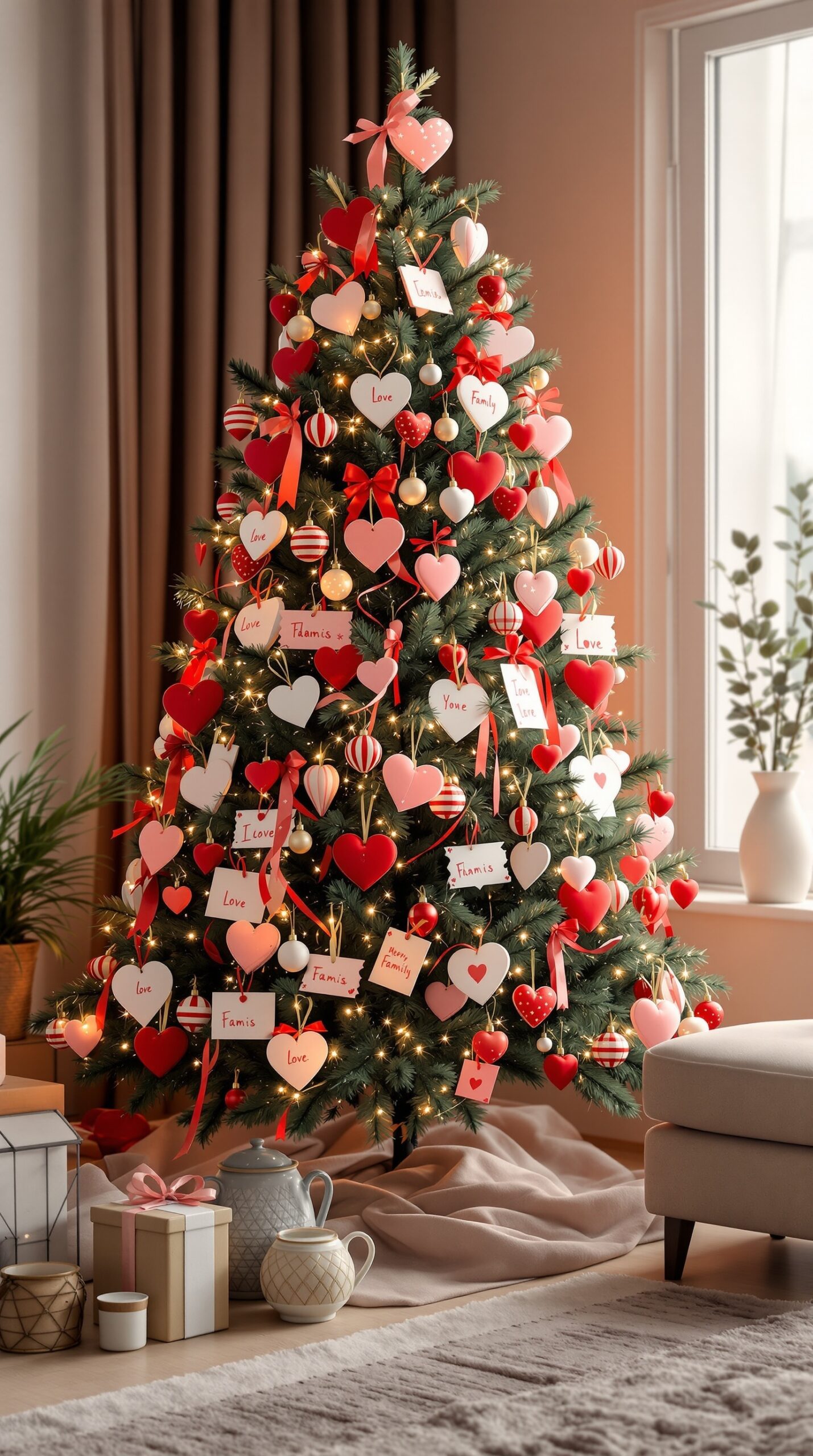 A beautifully decorated Valentine tree with heart ornaments and family messages.