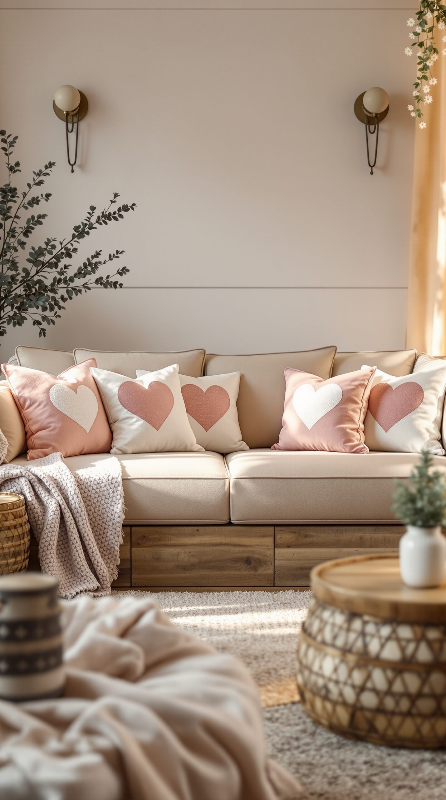 Cozy couch with heart-themed pillows in soft pink and cream colors, perfect for Valentine's Day decor.