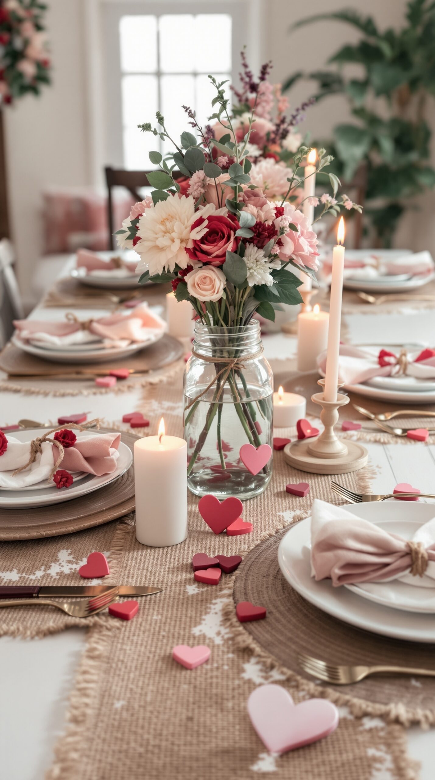 A beautifully set Valentine's Day table featuring flowers, candles, and heart decorations.