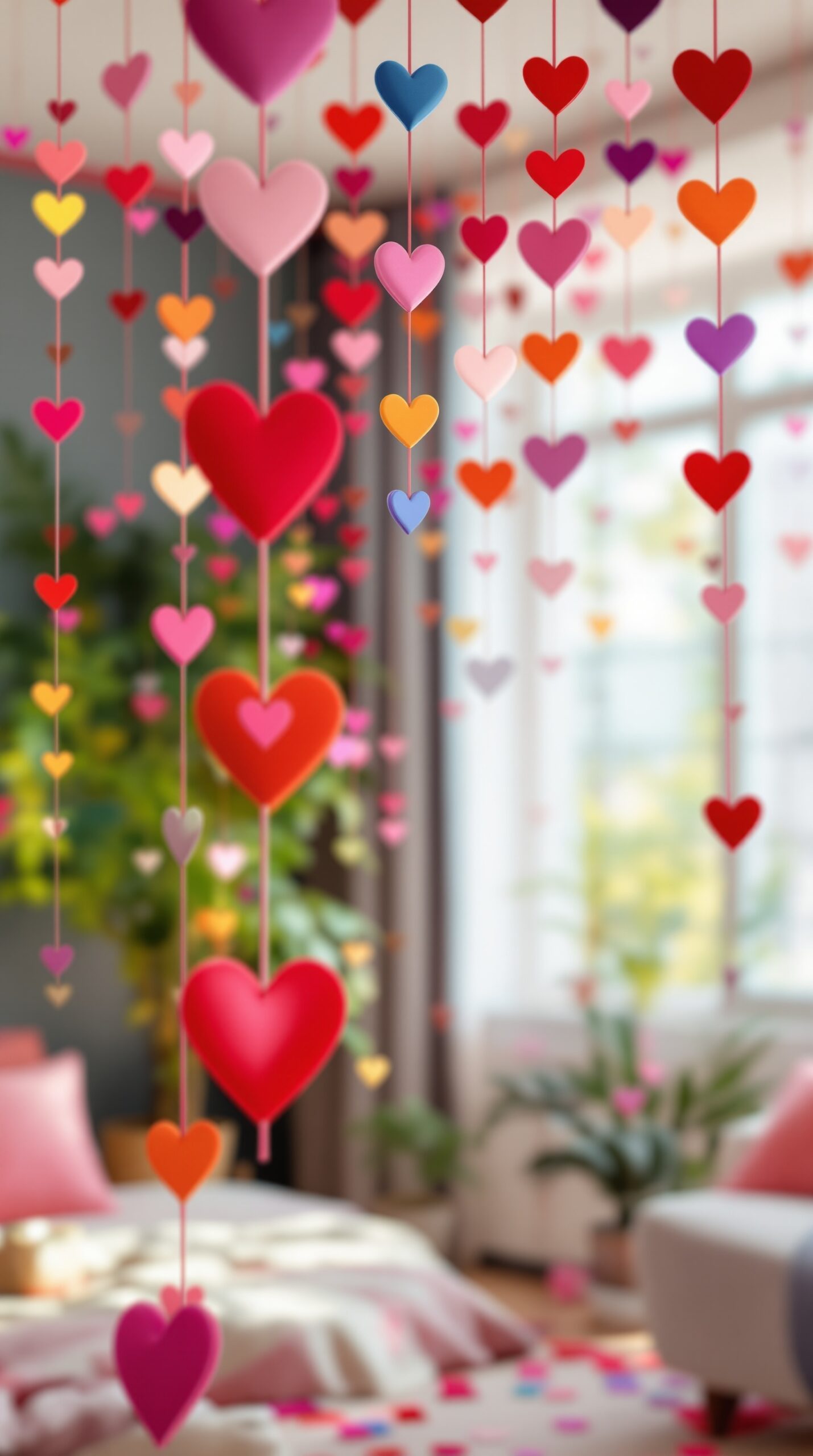 Colorful heart garland hanging from the ceiling, creating a festive atmosphere for Valentine's Day.
