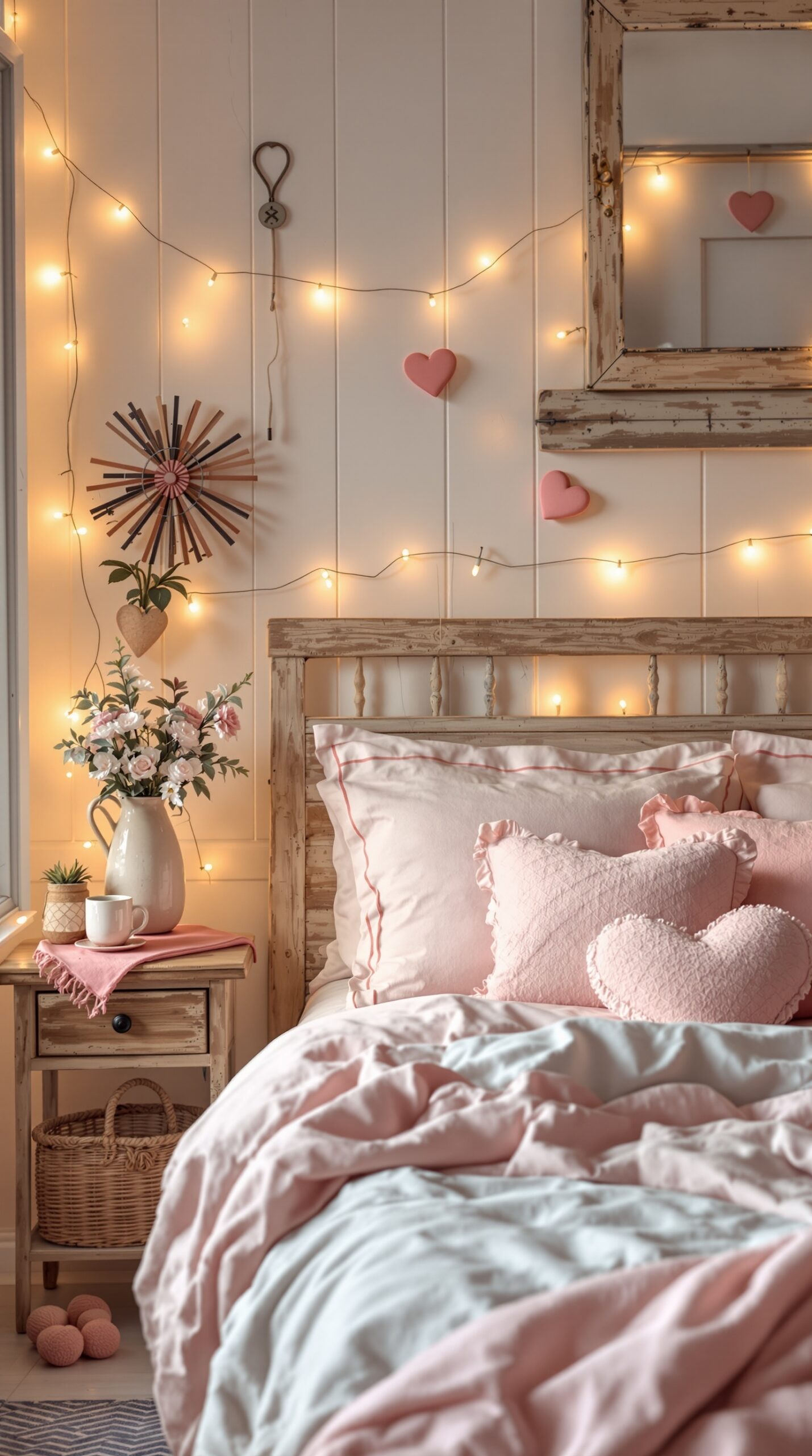 A cozy bedroom decorated for Valentine's Day with pink pillows, fairy lights, and rustic elements.