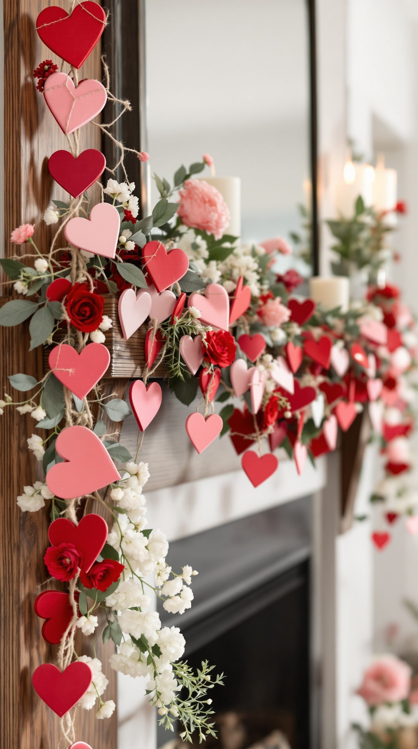 A garland of red and pink hearts, flowers, and greenery, perfect for Valentine's Day decor.