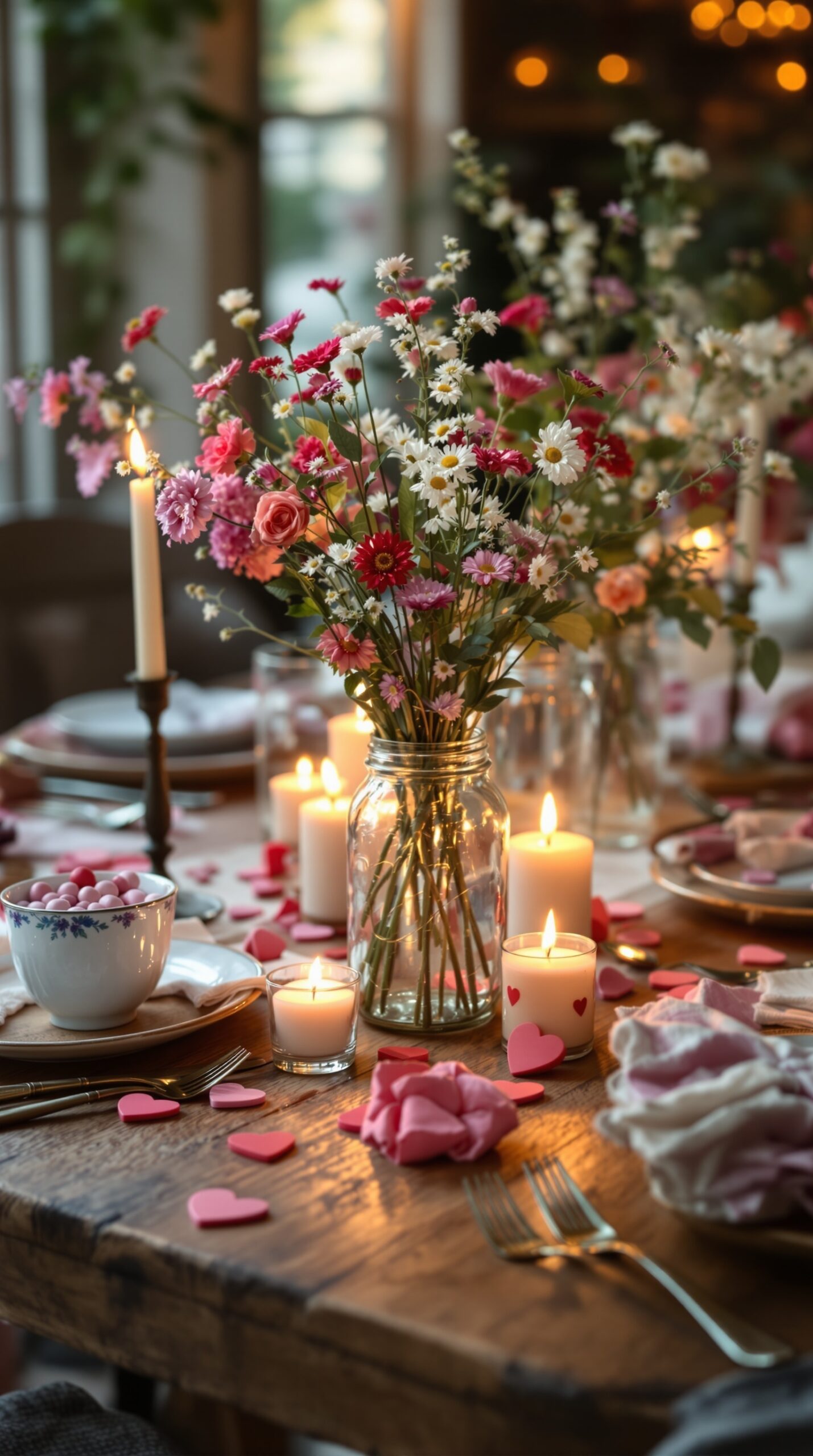 A rustic Valentine tablescape featuring flowers in a mason jar, candles, and heart-shaped decorations.