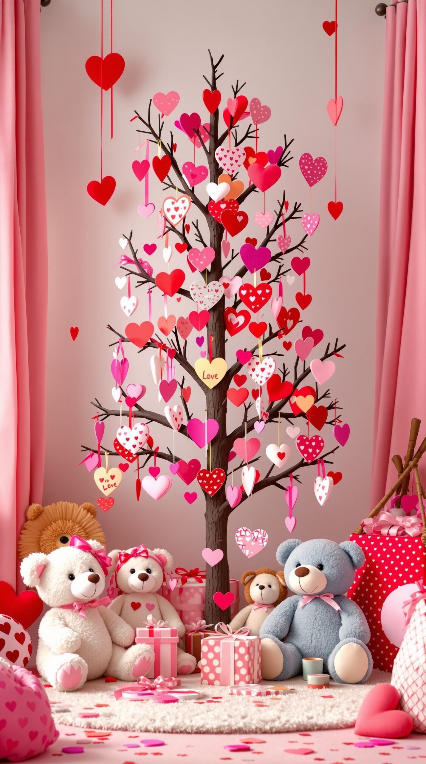 A Valentine tree decorated with heart-shaped ornaments, surrounded by stuffed animals and gifts.