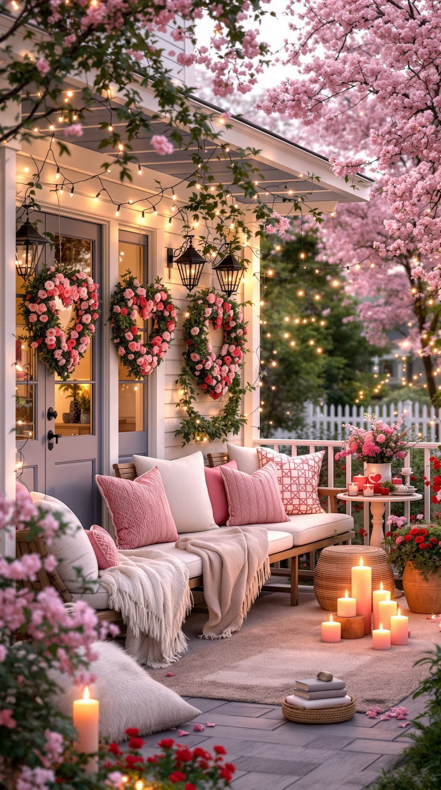 A beautifully decorated porch for Valentine's Day featuring heart-shaped wreaths, string lights, and cozy seating.