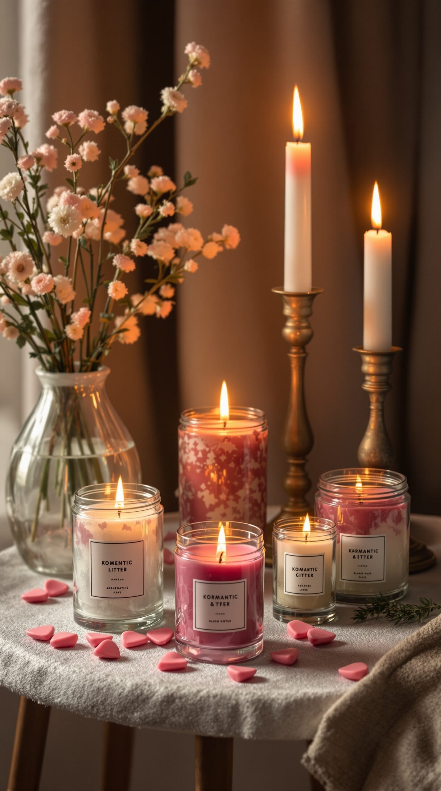 An arrangement of romantic scented candles with flowers and heart-shaped decorations on a table.