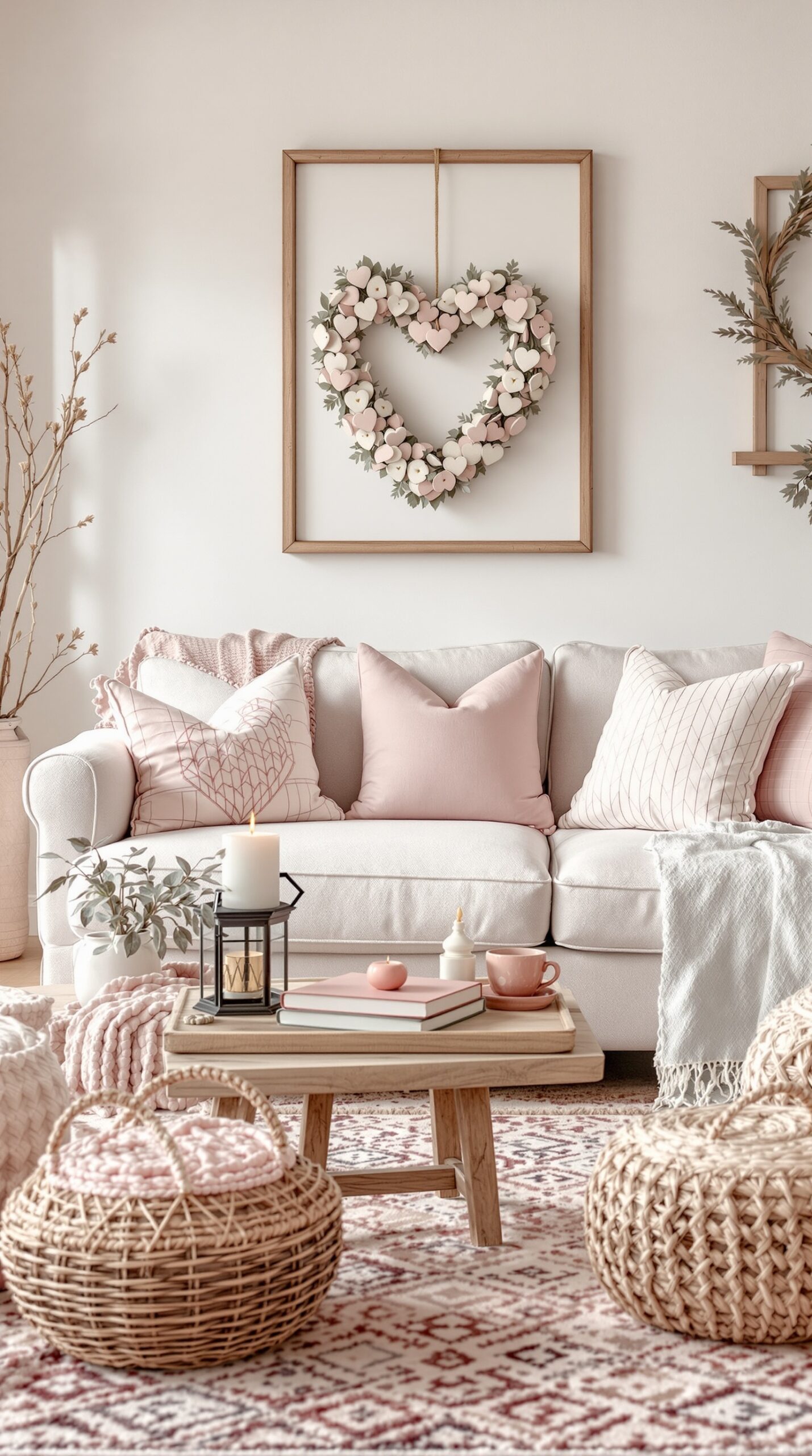 Cozy living room with blush valentine decor, featuring a heart wreath, pink pillows, and rustic elements.