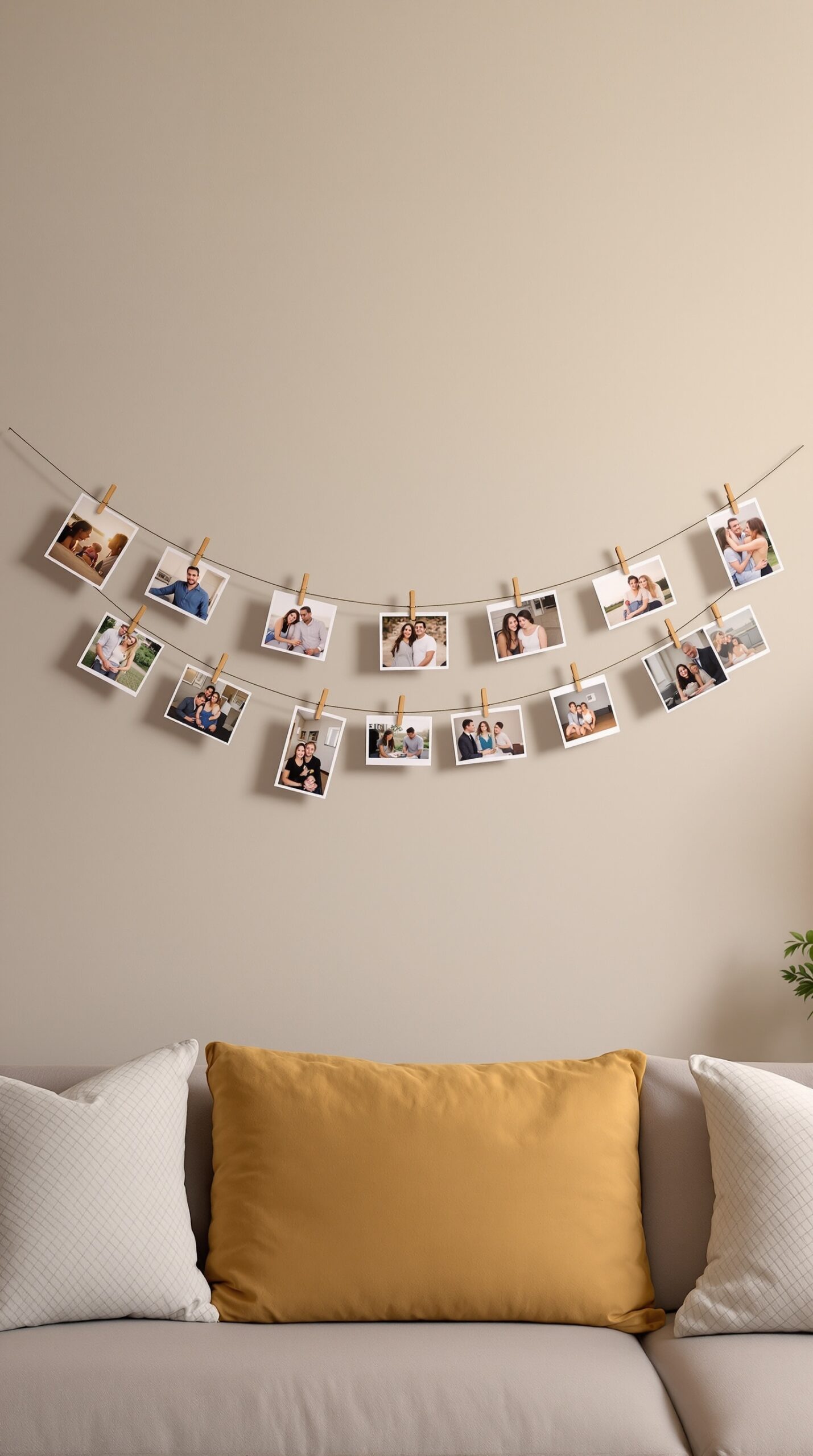 A string of photos clipped with clothespins, displayed above a couch, showcasing personalized memories.