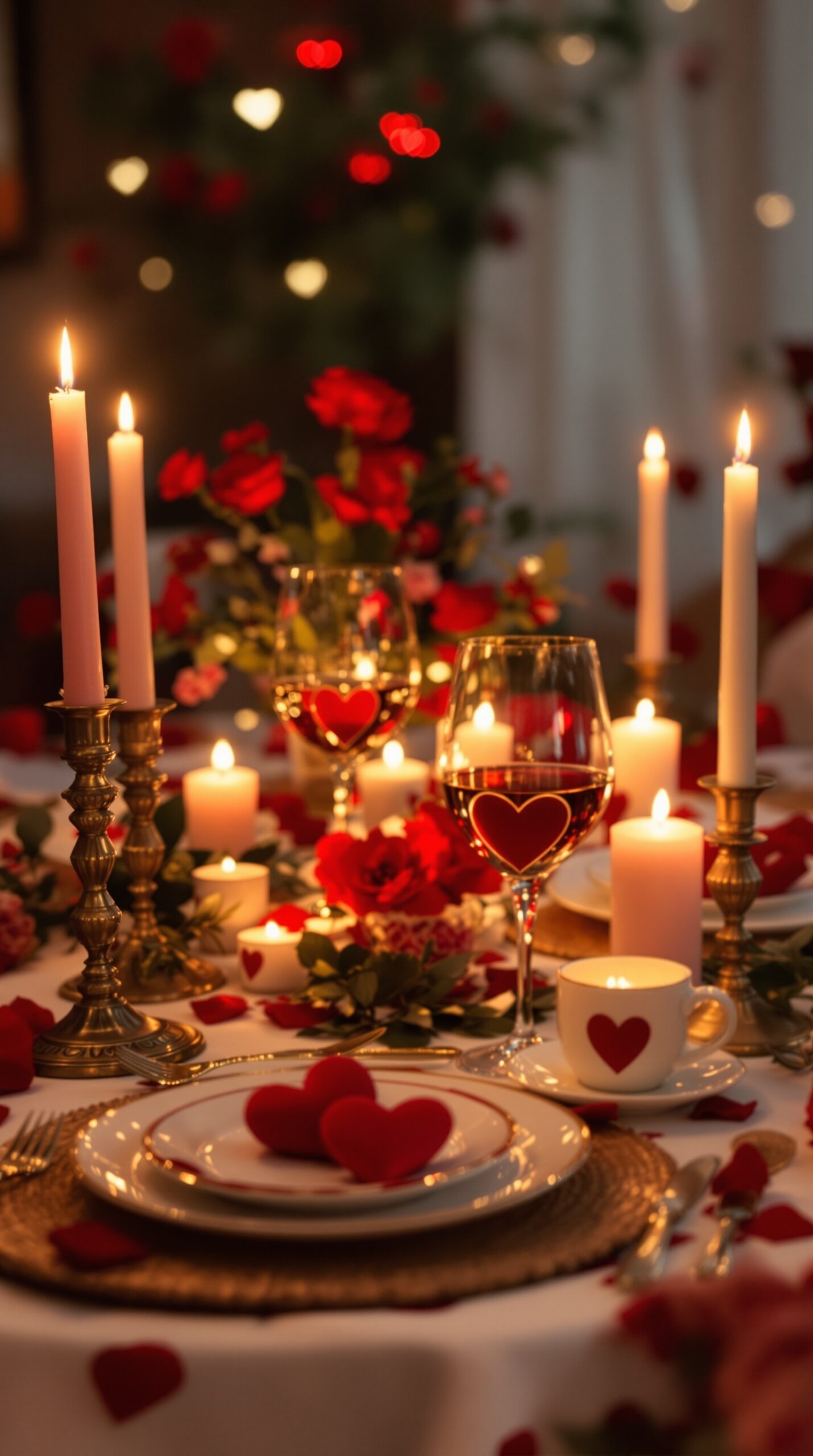 A beautifully set Valentine's Day table with candles, roses, and heart-themed decor.