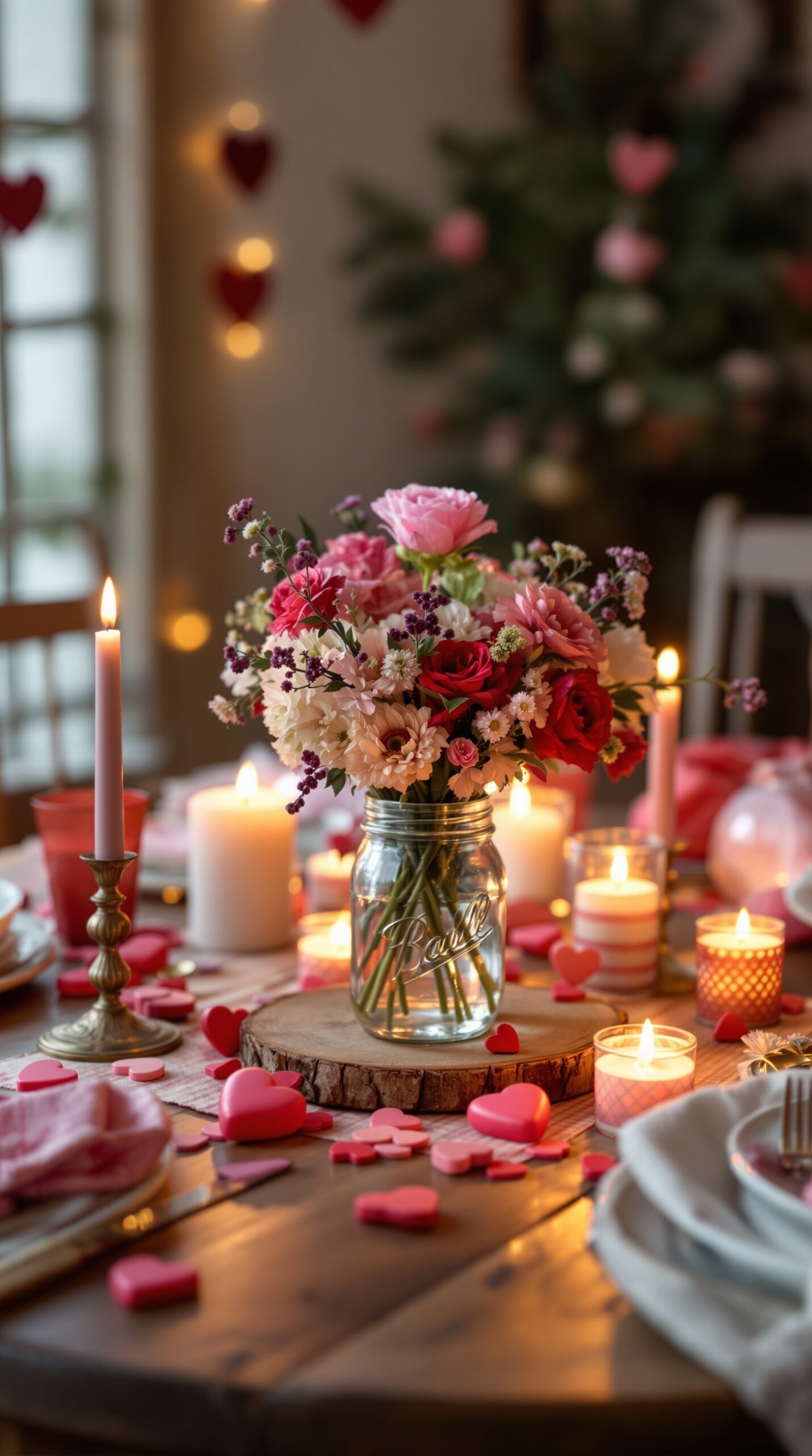 A farmhouse valentine centerpiece featuring a mason jar filled with flowers, surrounded by candles and heart decorations.