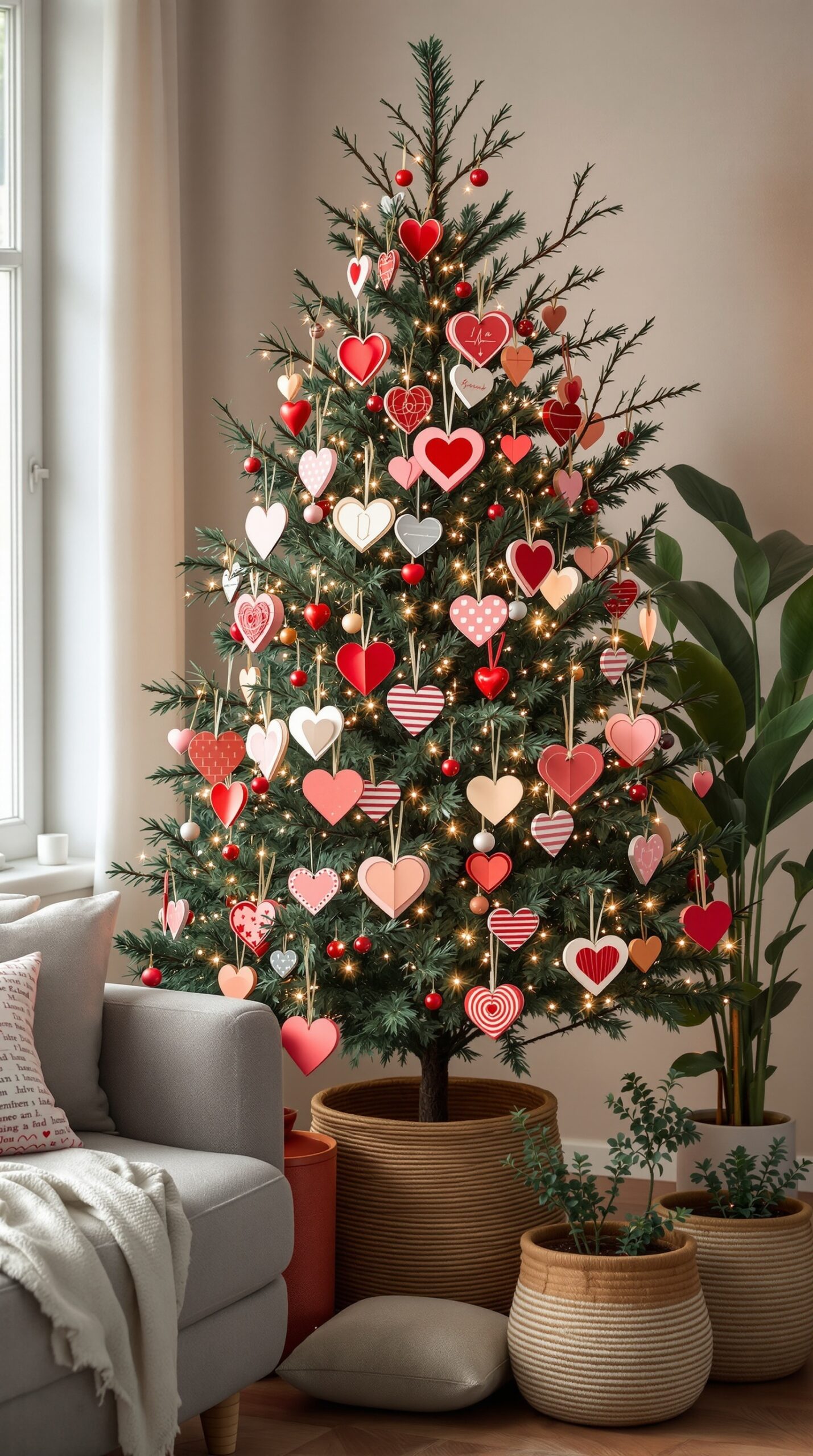 A decorated Valentine tree with heart ornaments in red and pink colors, surrounded by cozy home decor.