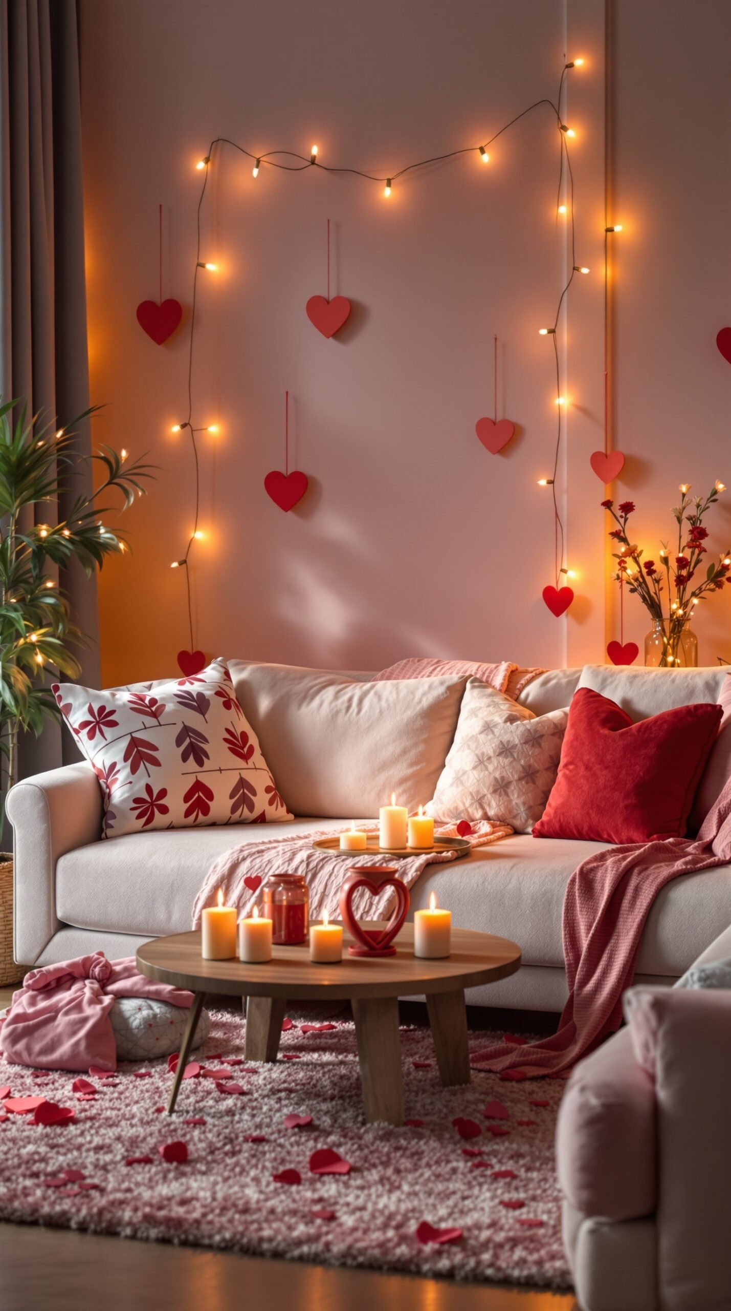 Cozy living room decorated for Valentine's Day with candles, heart decorations, and red pillows.