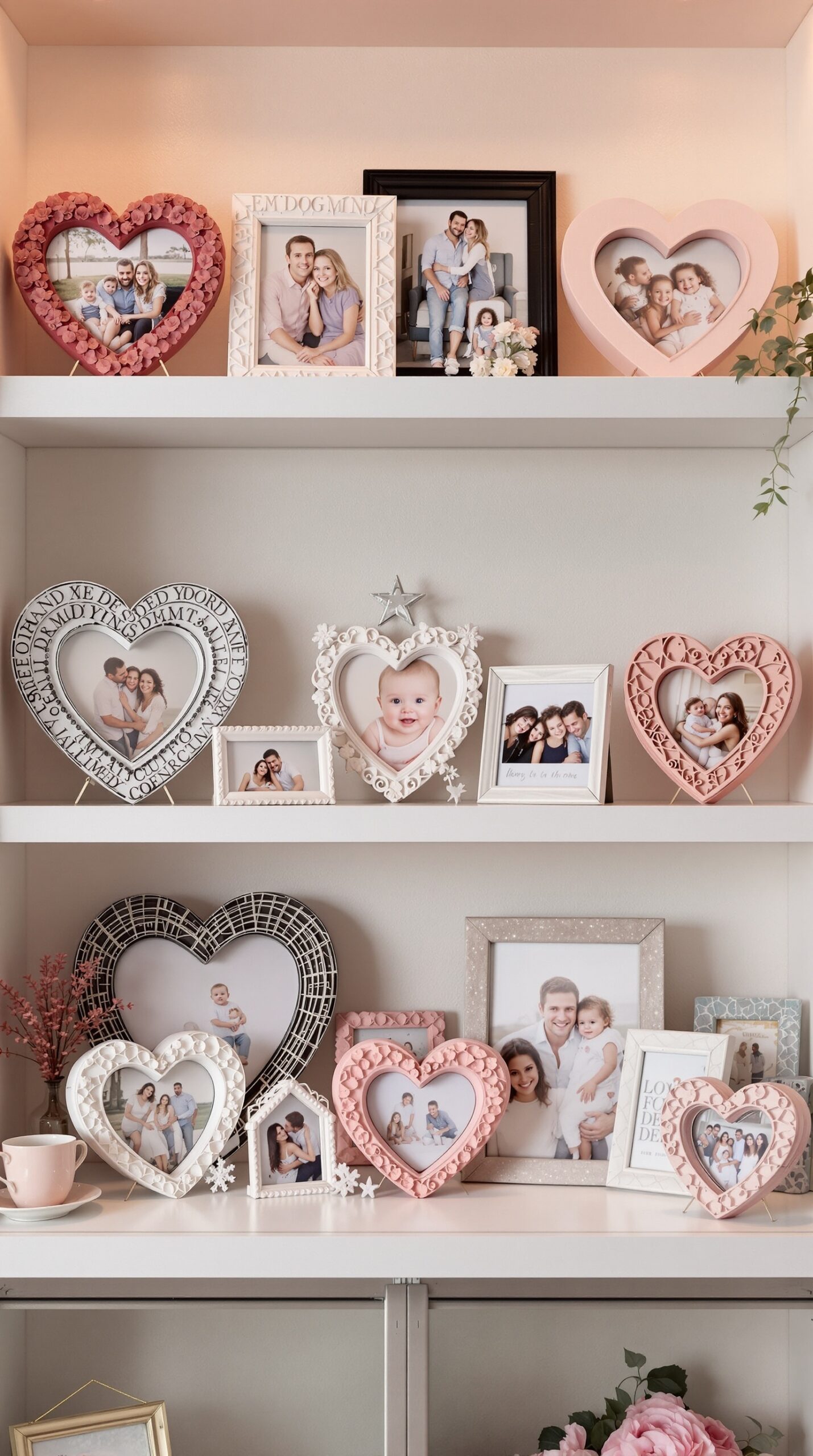 A collection of heart-shaped photo frames displaying family photos on a shelf.