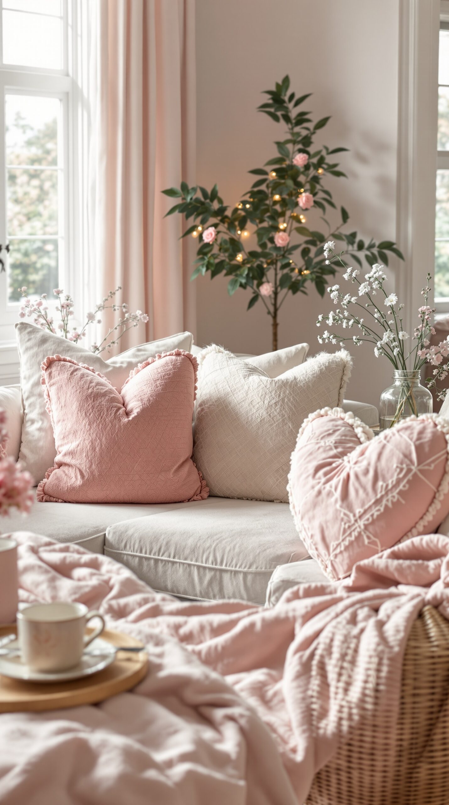 Cozy living room with blush pink pillows and floral decorations for Valentine's Day