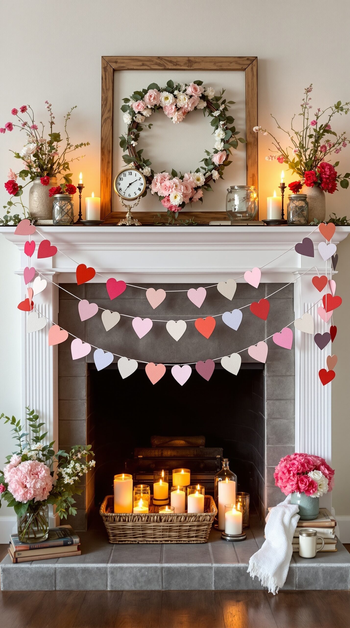 A beautifully decorated mantel for Valentine's Day featuring a heart-shaped floral wreath, colorful heart garlands, candles, and fresh flowers.