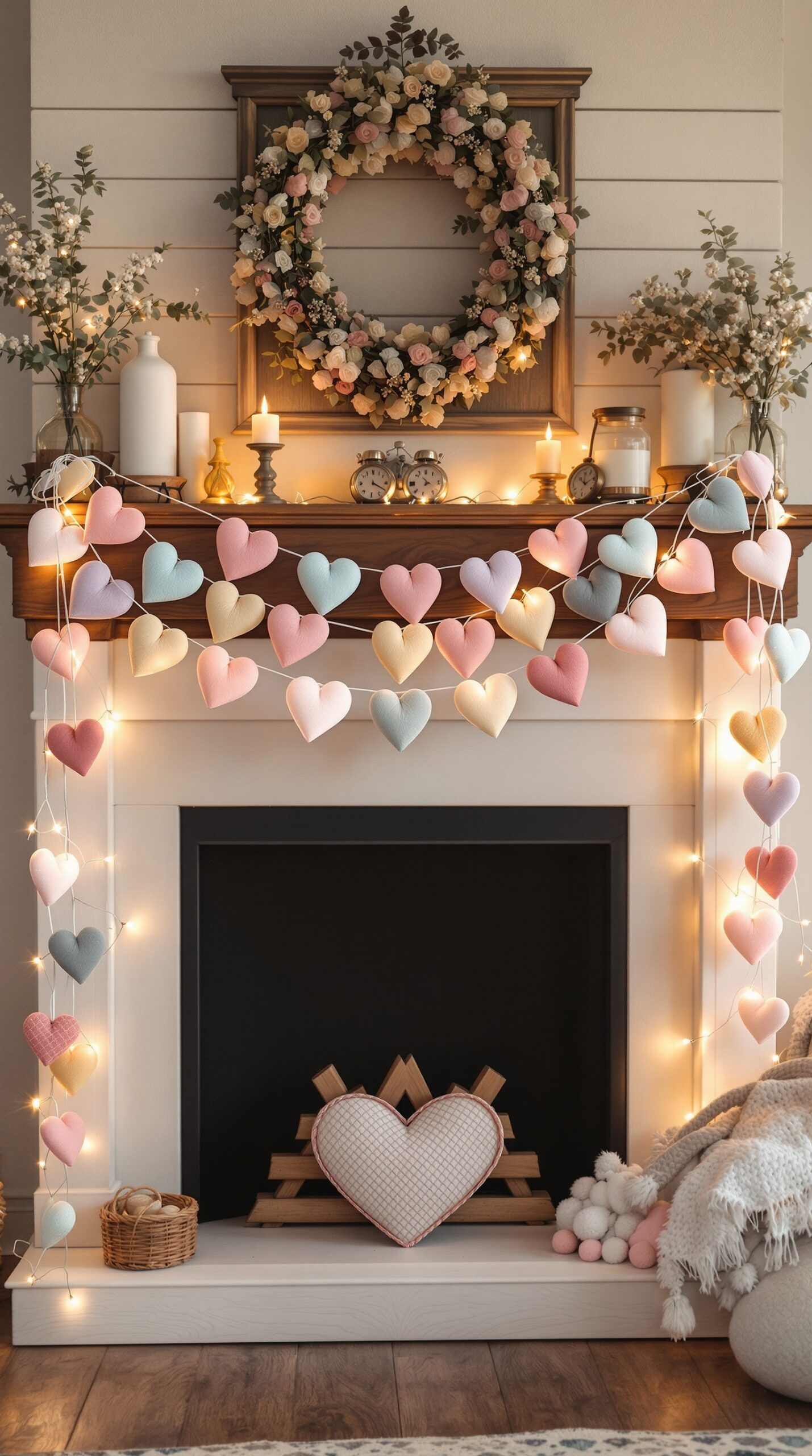 A cozy fireplace decorated with a felt heart garland in pastel colors, surrounded by candles and floral arrangements.
