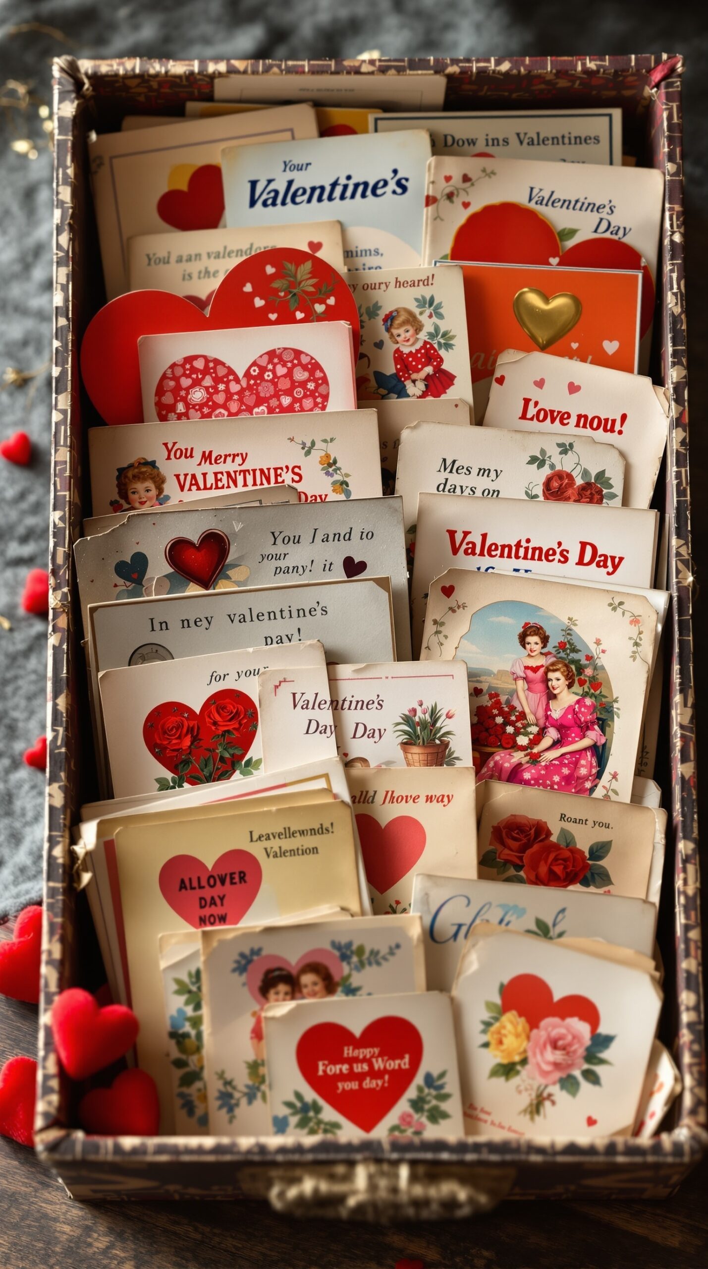 A collection of vintage Valentine's Day cards in a decorative box.