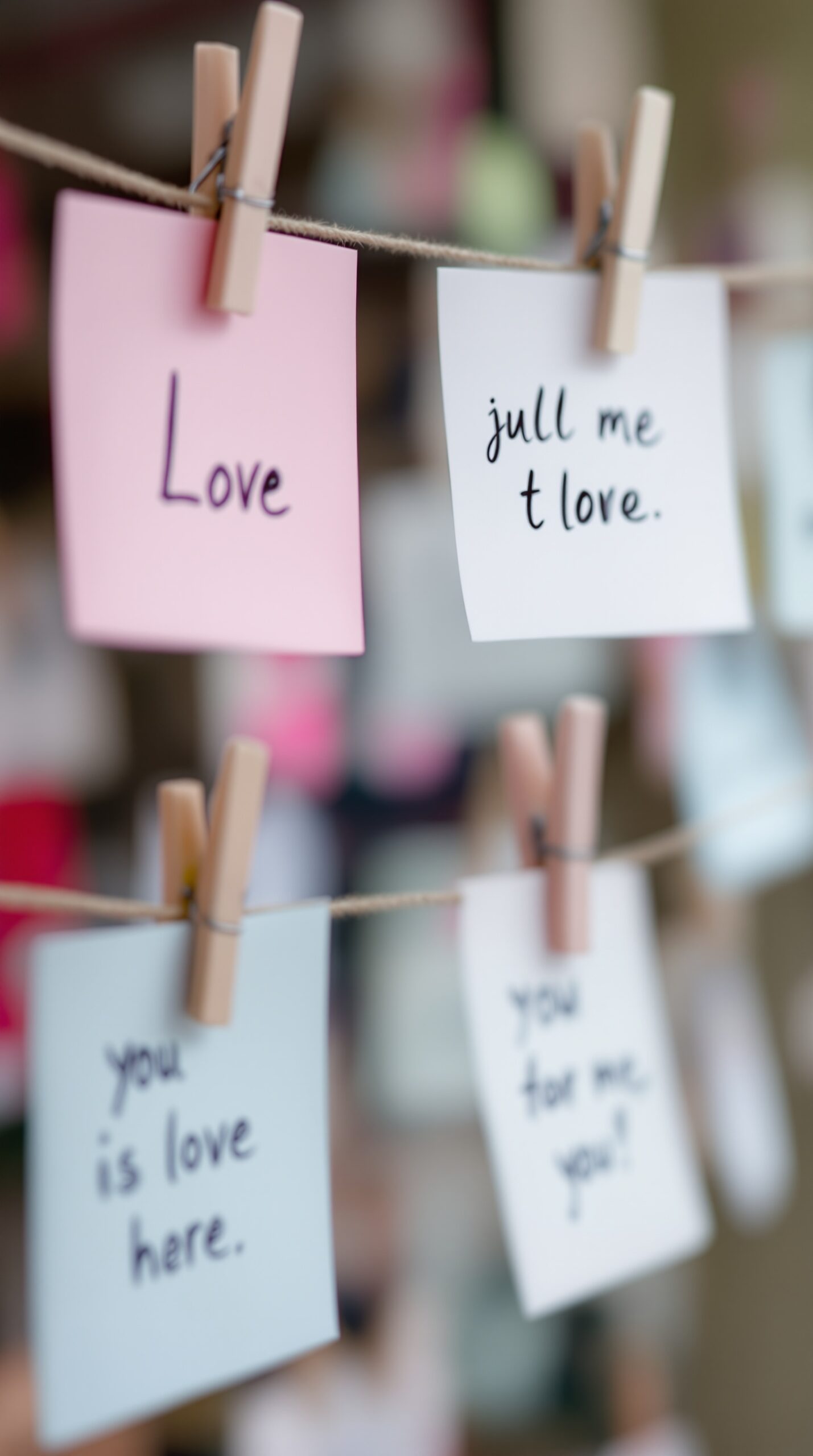 A display of colorful love notes clipped on a string with clothespins.