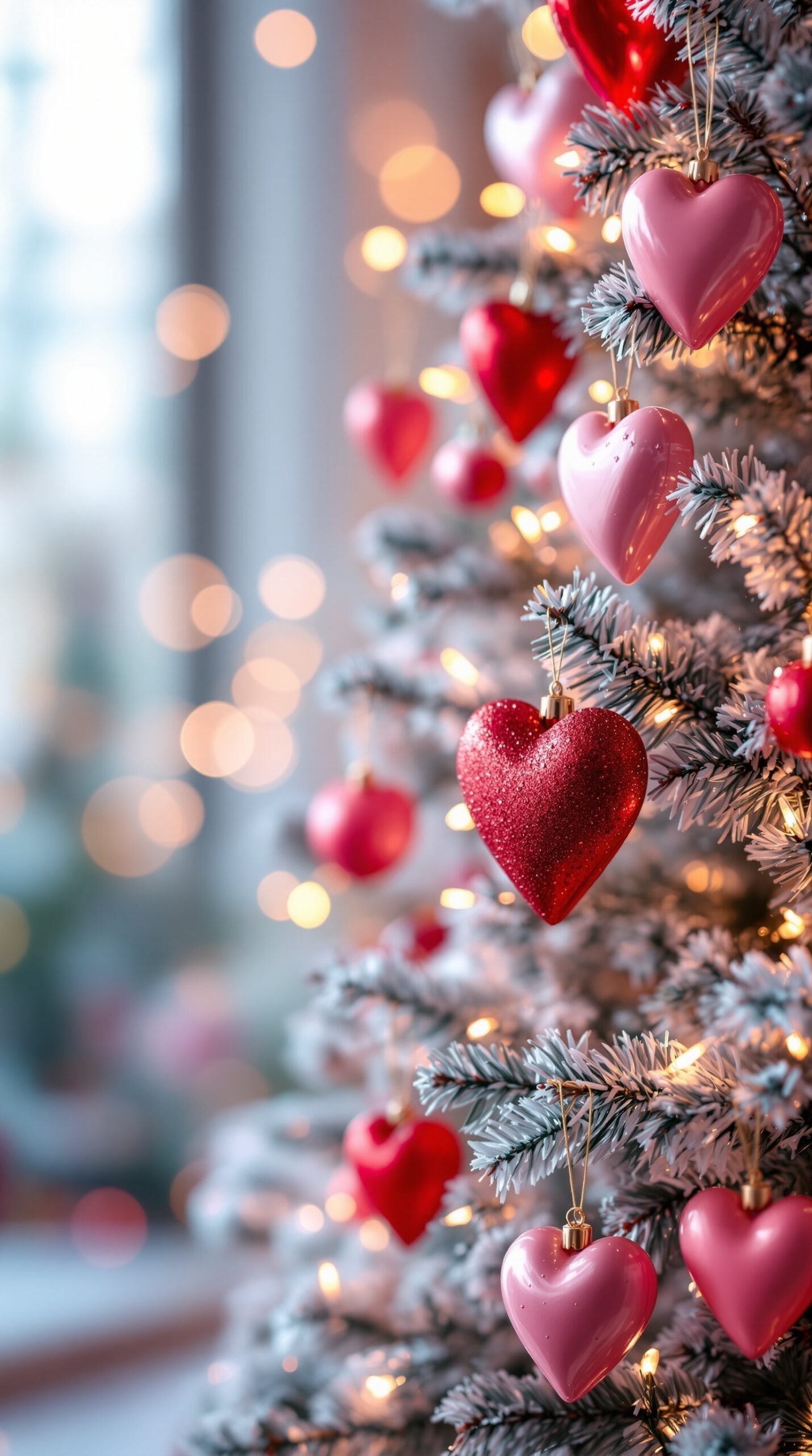 A close-up view of a Valentine's Day tree decorated with heart-shaped ornaments in various shades of red and pink.