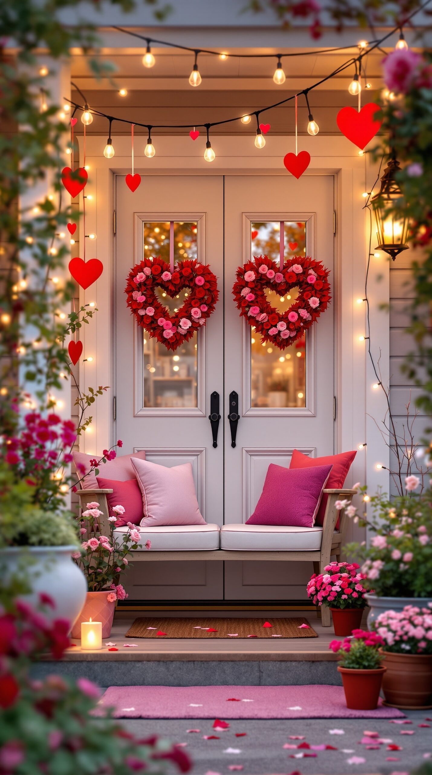 A beautifully decorated porch for Valentine's Day featuring heart-shaped wreaths, pink and red flowers, and cozy seating.