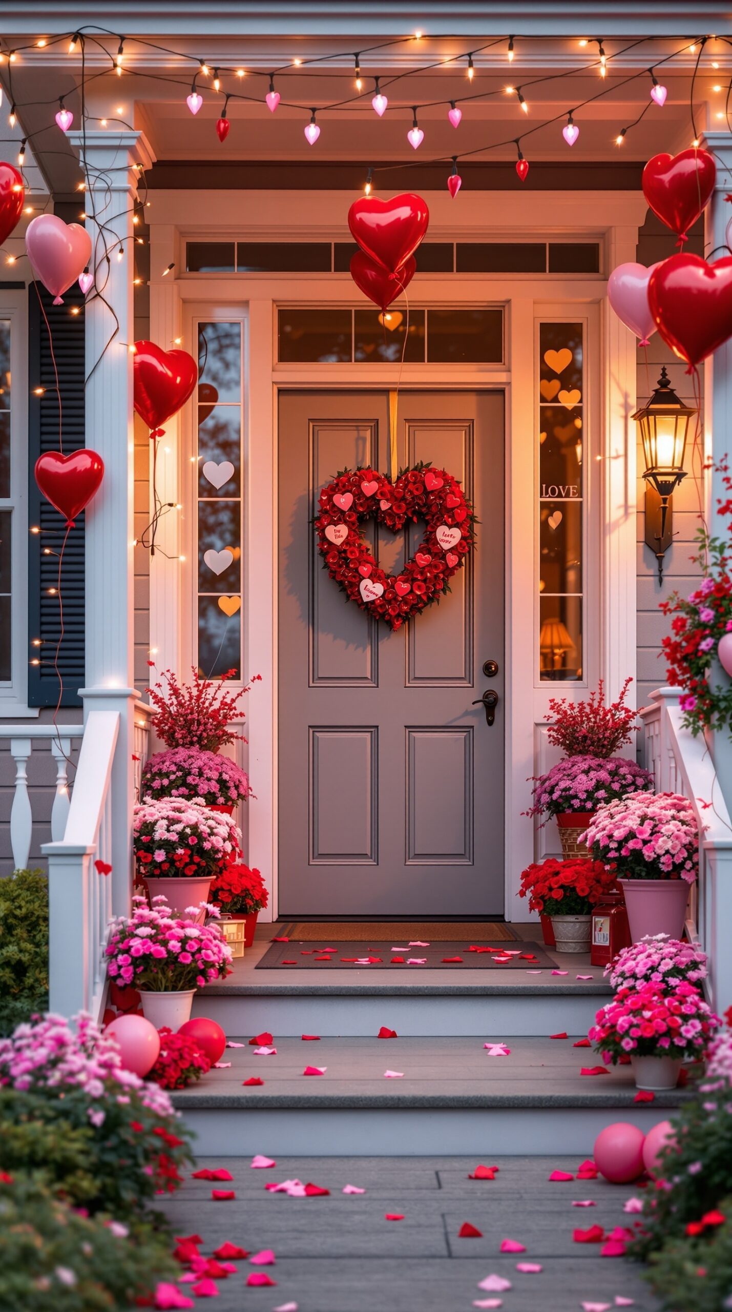 A beautifully decorated porch for Valentine's Day featuring heart-shaped wreath, balloons, and colorful flowers.