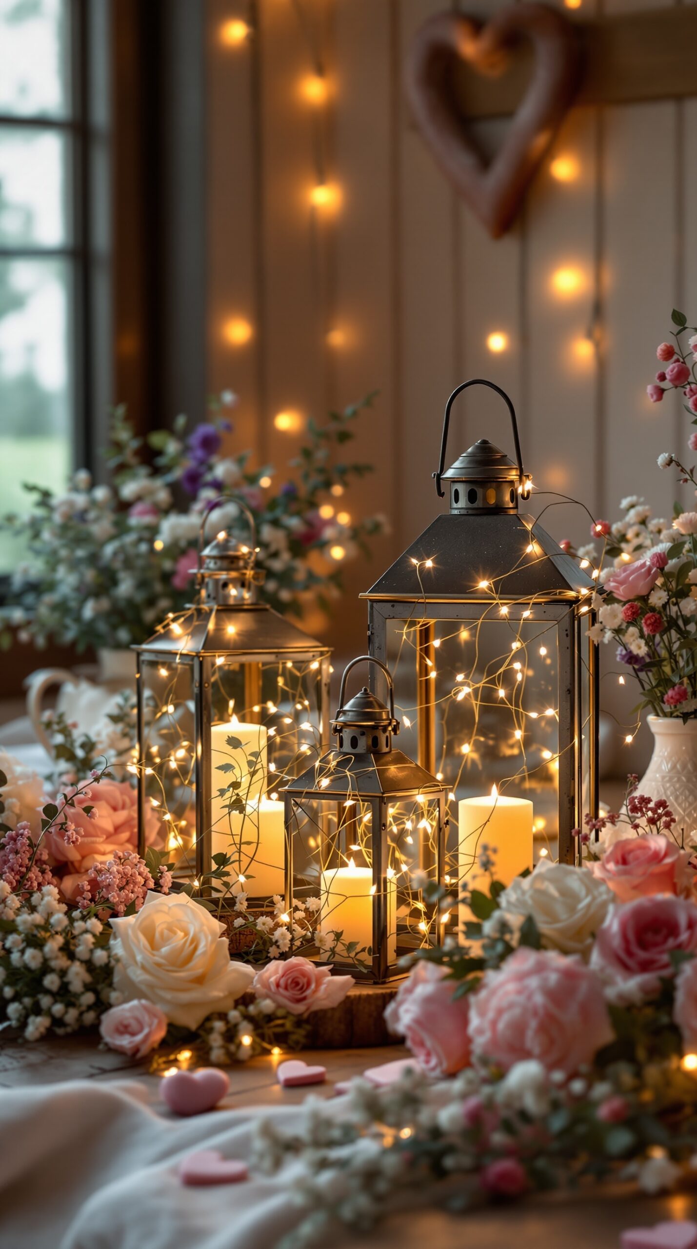 Rustic lanterns with fairy lights surrounded by flowers and soft fabrics for Valentine's Day decor.