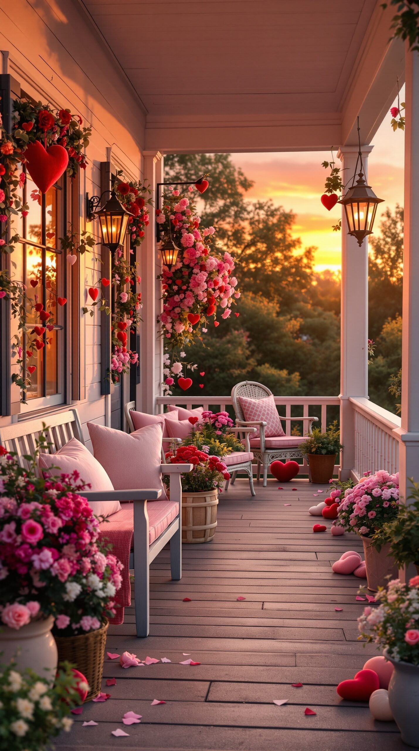 A beautifully decorated porch for Valentine's Day with faux flowers, hanging hearts, and soft lighting.