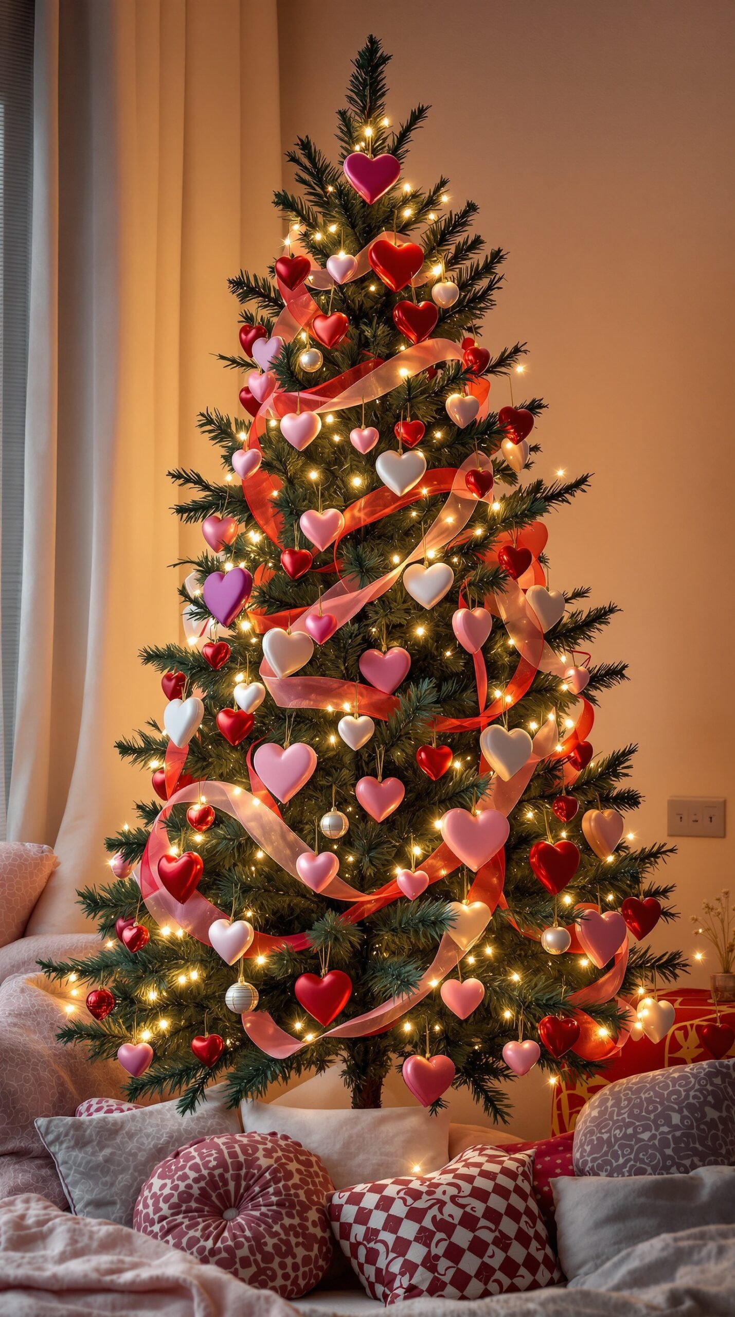 A beautifully decorated Valentine tree with heart ornaments and lights.