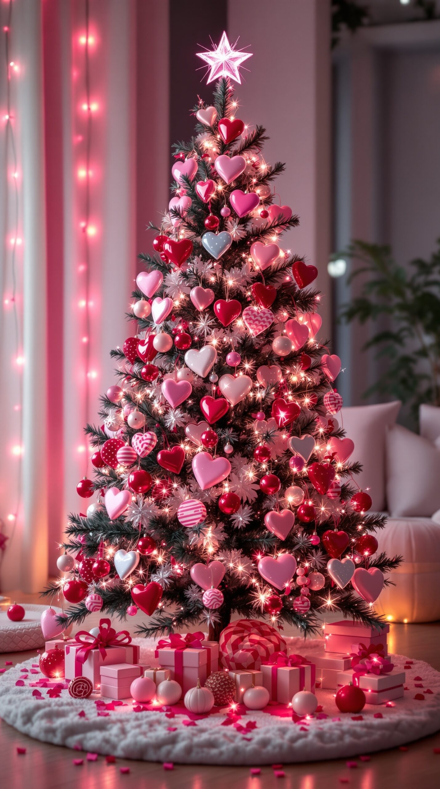 A Valentine tree decorated with heart ornaments and candy-themed decorations, featuring pink and red colors.