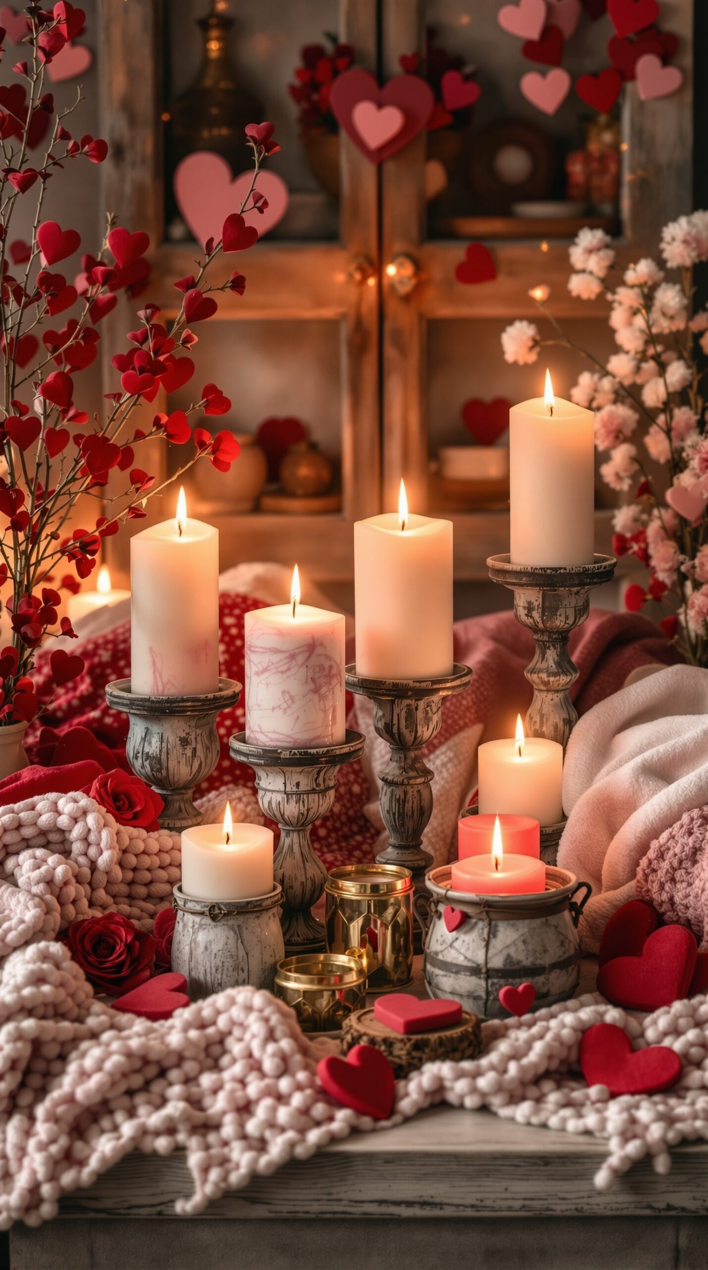 A cozy arrangement of candles in rustic holders, surrounded by heart decorations and soft textiles for Valentine's Day.