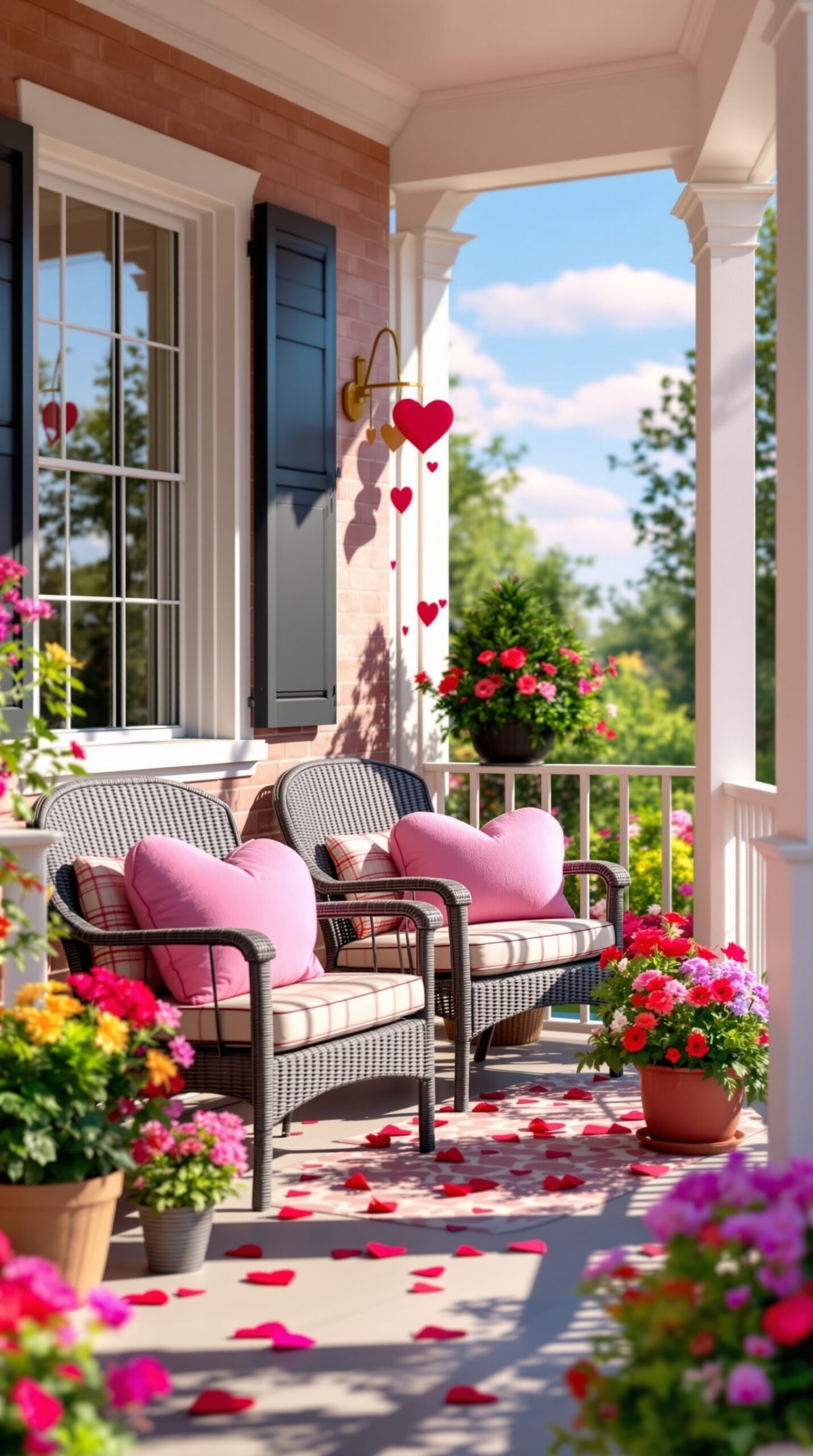 A beautifully decorated porch for Valentine's Day with heart-shaped pillows, colorful flowers, and heart garlands.